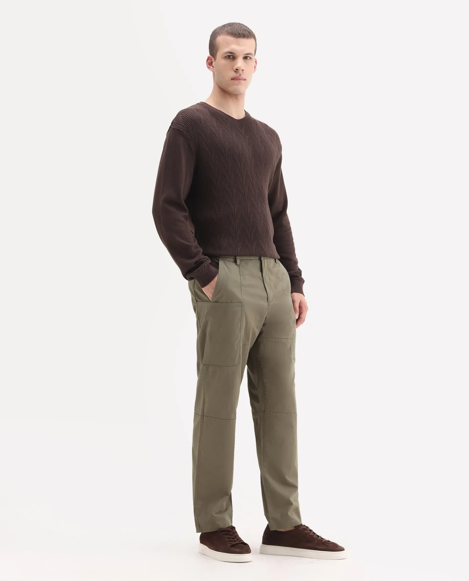 Rare Rabbit Men's Petro Dusky Olive Cotton Plain Straight Fit Trouser - Image 5