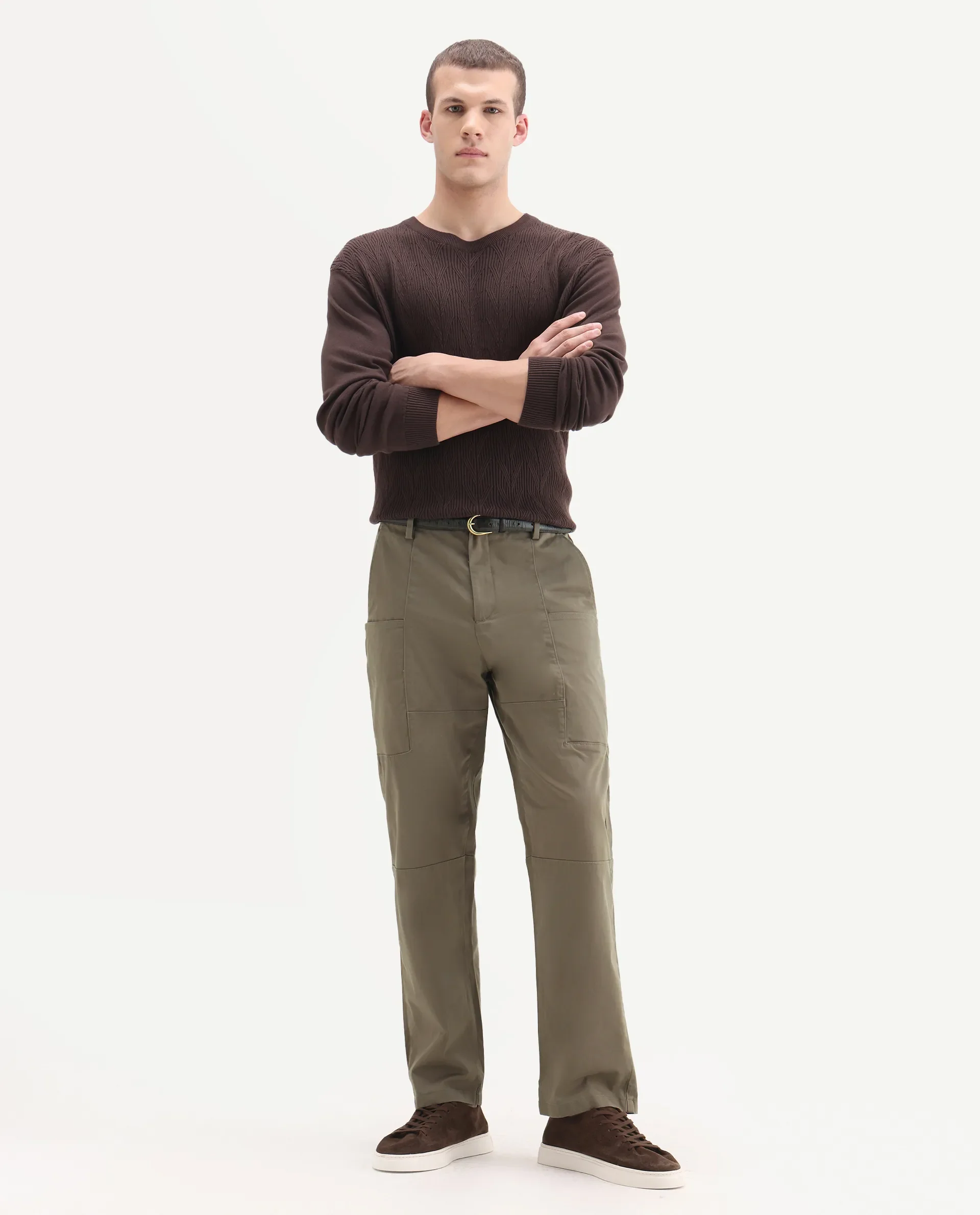 Rare Rabbit Men's Petro Dusky Olive Cotton Plain Straight Fit Trouser - Image 7