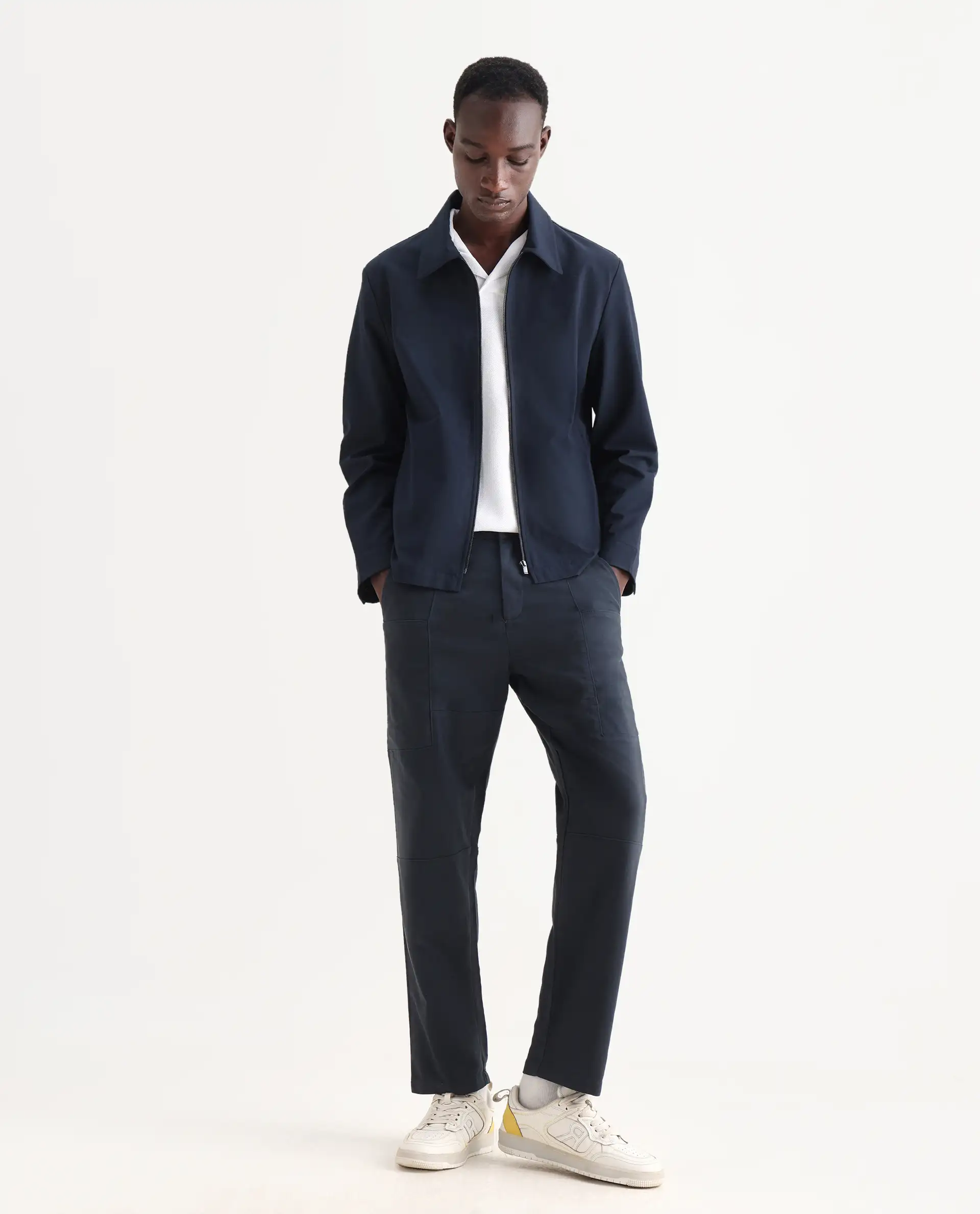 Rare Rabbit Men's Petro Navy Cotton Plain Straight Fit Trouser