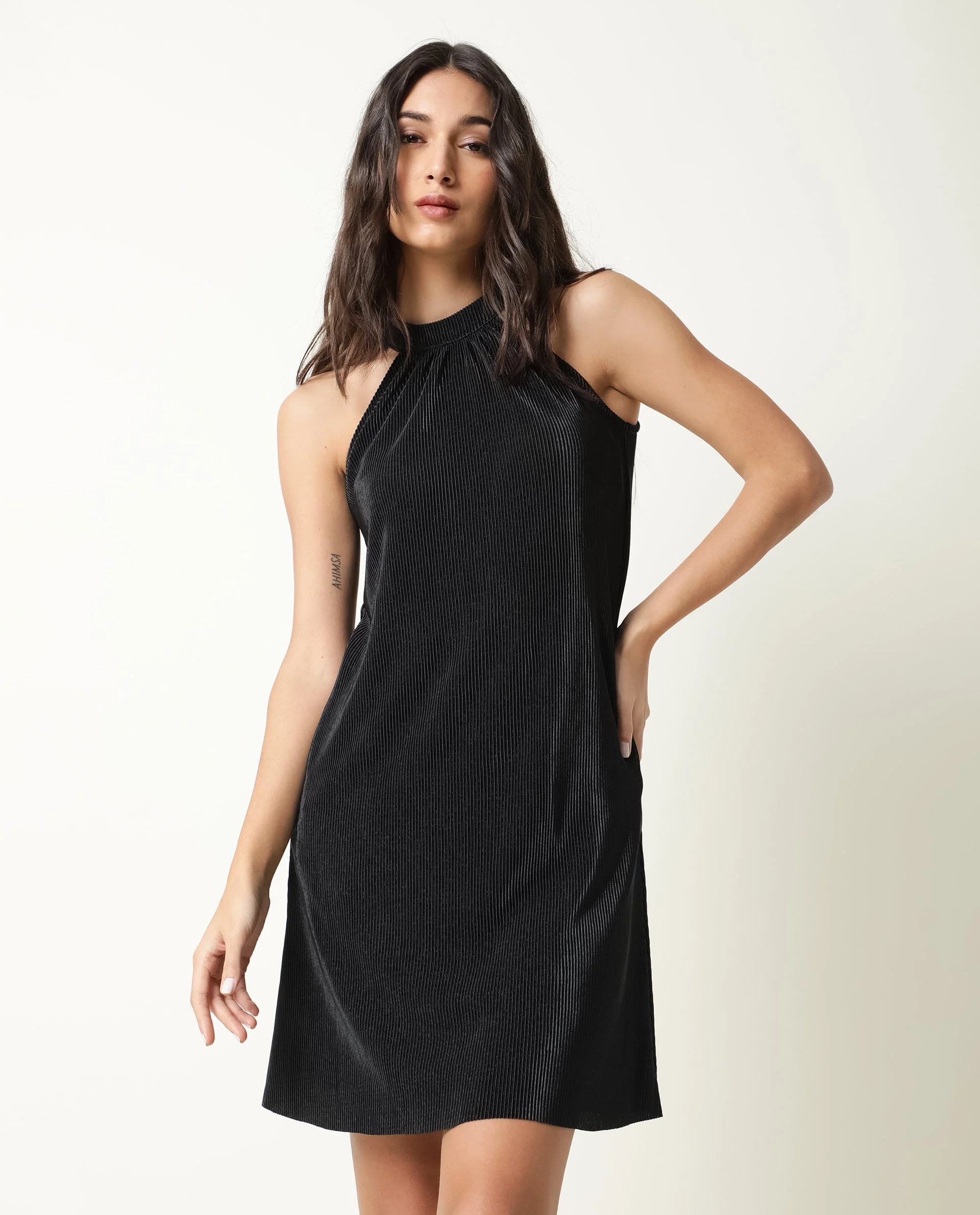 Rareism Womens Petroit Black Dress Polester Fabric Regular Fit Sleeveless Halter Neck