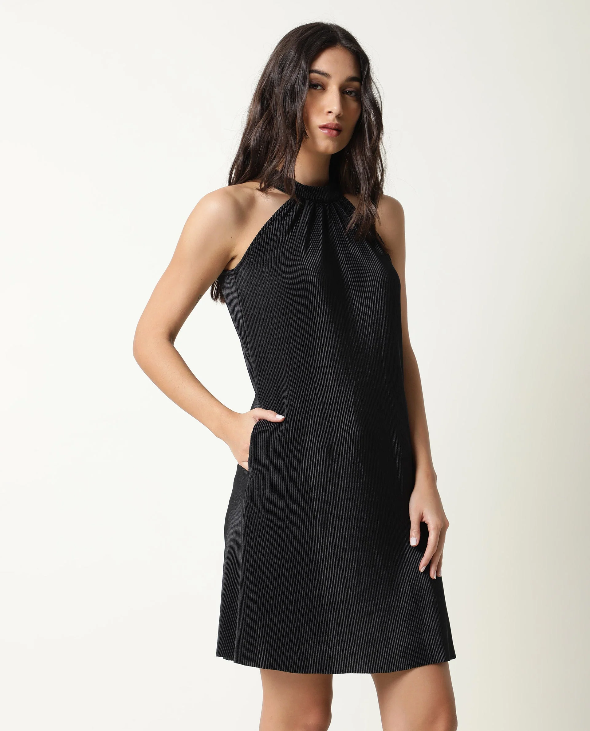 Rareism Womens Petroit Black Dress Polester Fabric Regular Fit Sleeveless Halter Neck - Image 2