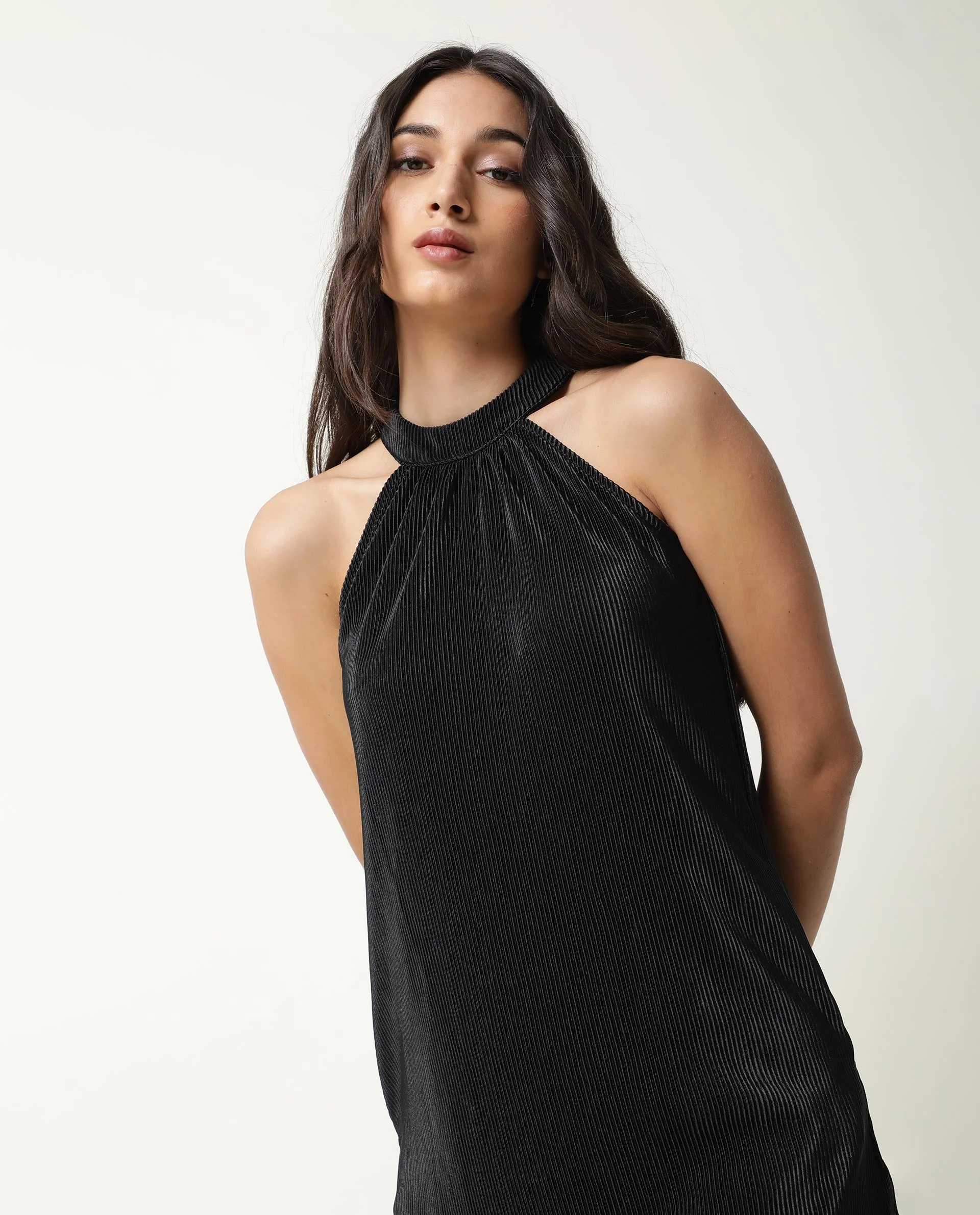 Rareism Womens Petroit Black Dress Polester Fabric Regular Fit Sleeveless Halter Neck - Image 5