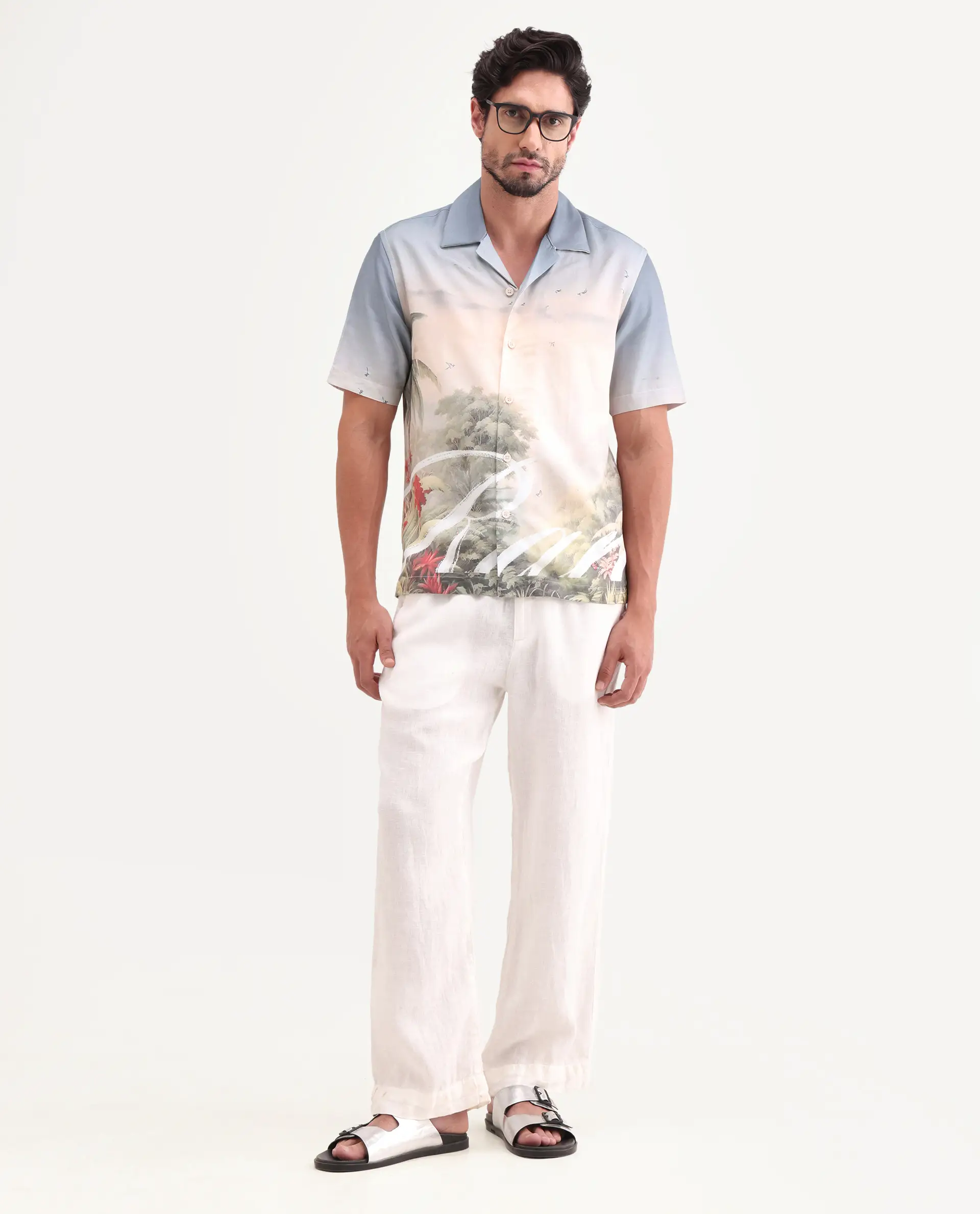 Rare Rabbit Men's Pexa Dusky Peach Cotton Blend Fabric Half Sleeve Cuban Collar Regular Fit Tropical Print Shirt - Image 2