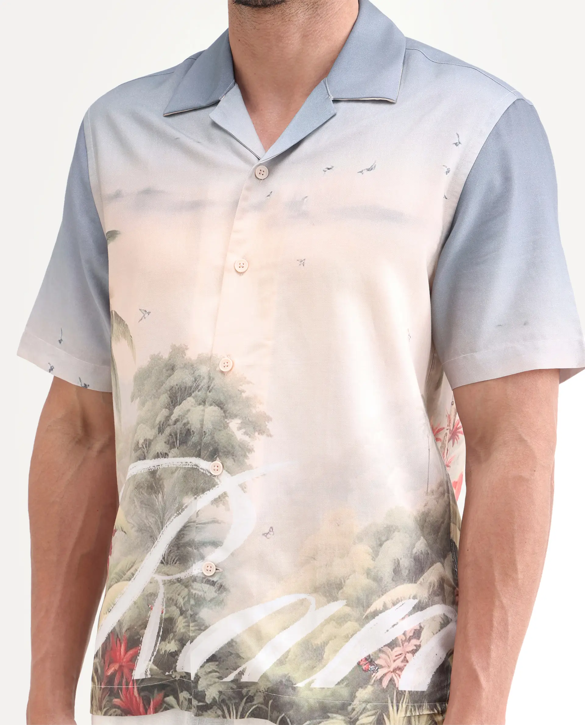 Rare Rabbit Men's Pexa Dusky Peach Cotton Blend Fabric Half Sleeve Cuban Collar Regular Fit Tropical Print Shirt - Image 3