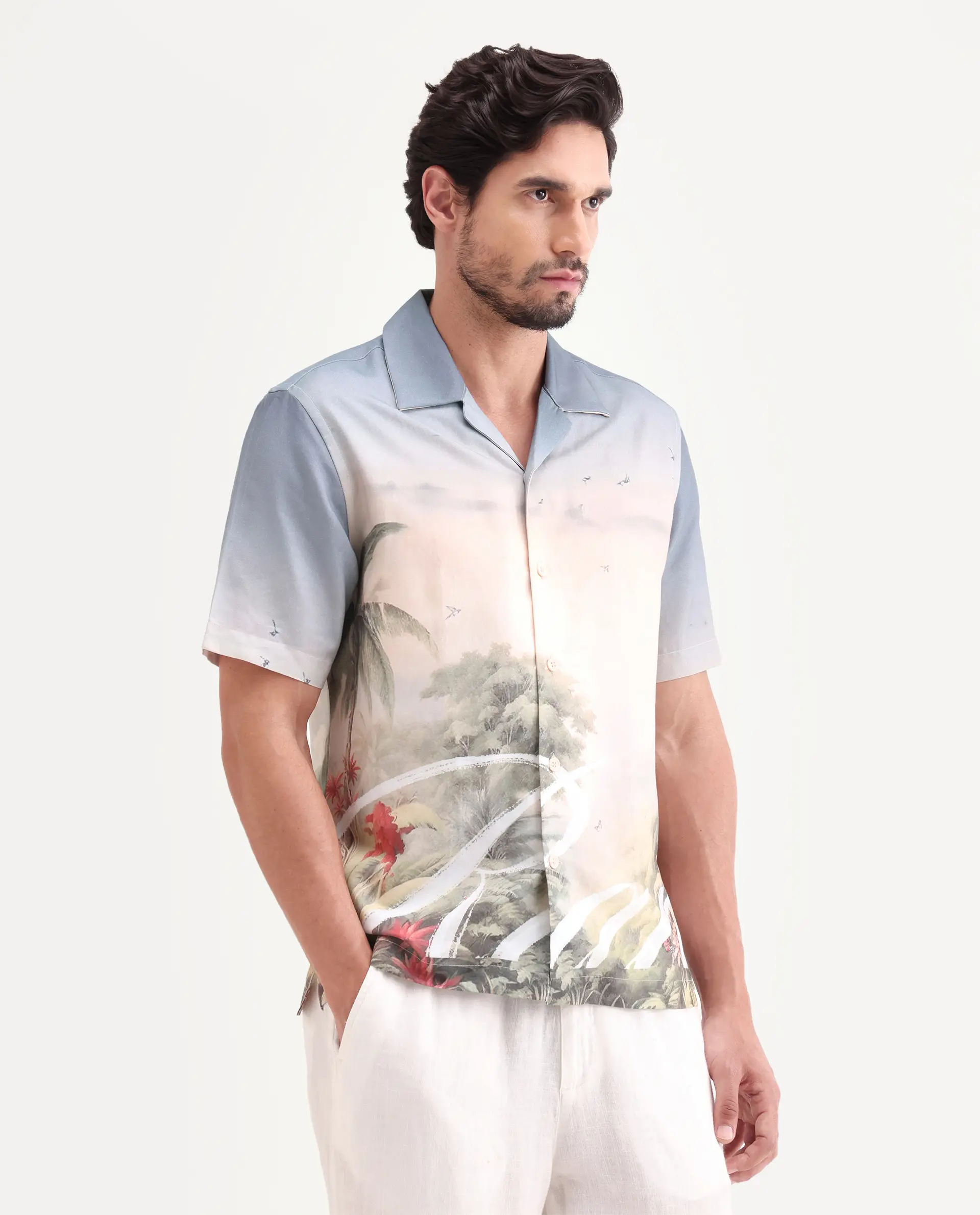Rare Rabbit Men's Pexa Dusky Peach Cotton Blend Fabric Half Sleeve Cuban Collar Regular Fit Tropical Print Shirt - Image 4