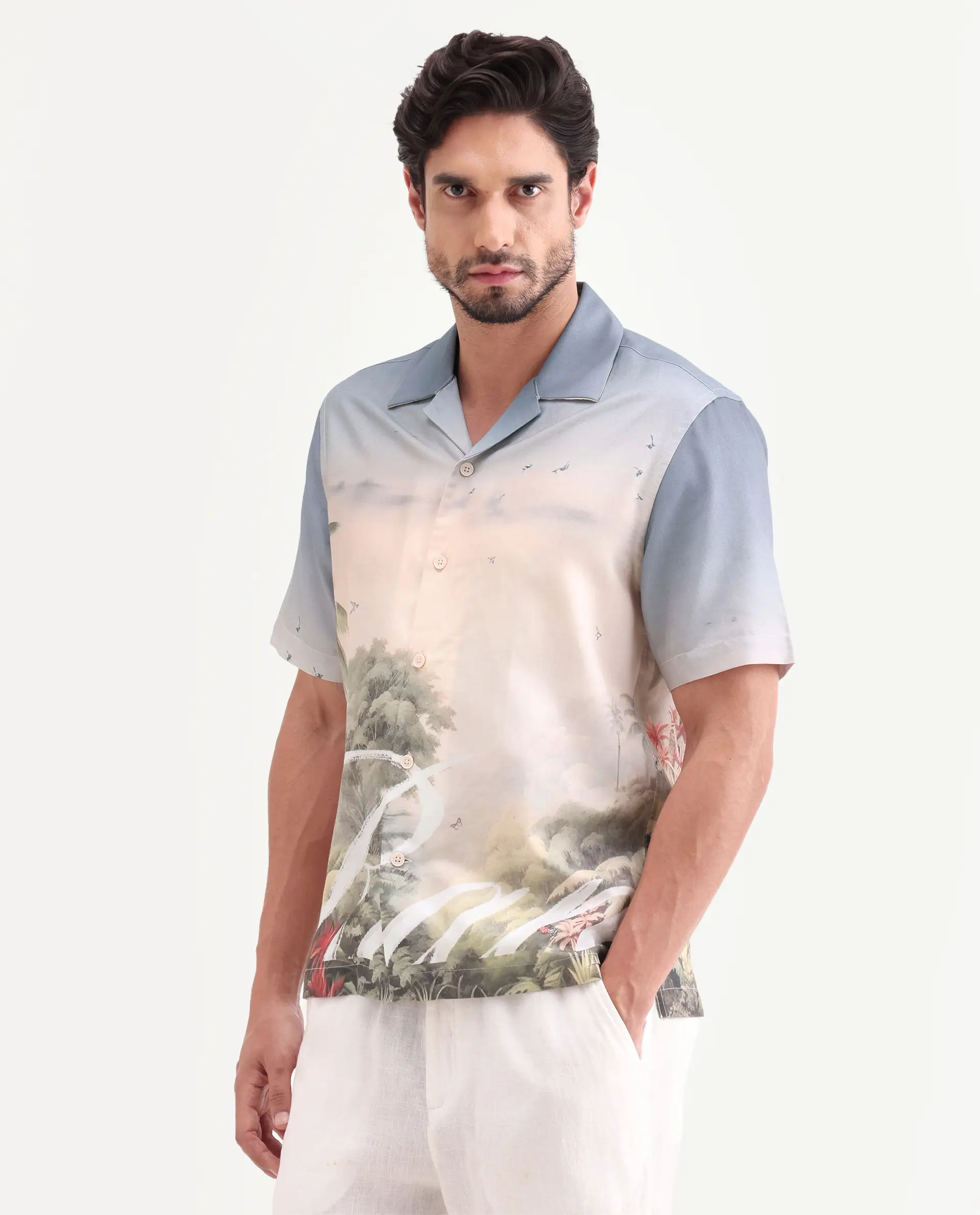 Rare Rabbit Men's Pexa Dusky Peach Cotton Blend Fabric Half Sleeve Cuban Collar Regular Fit Tropical Print Shirt - Image 5