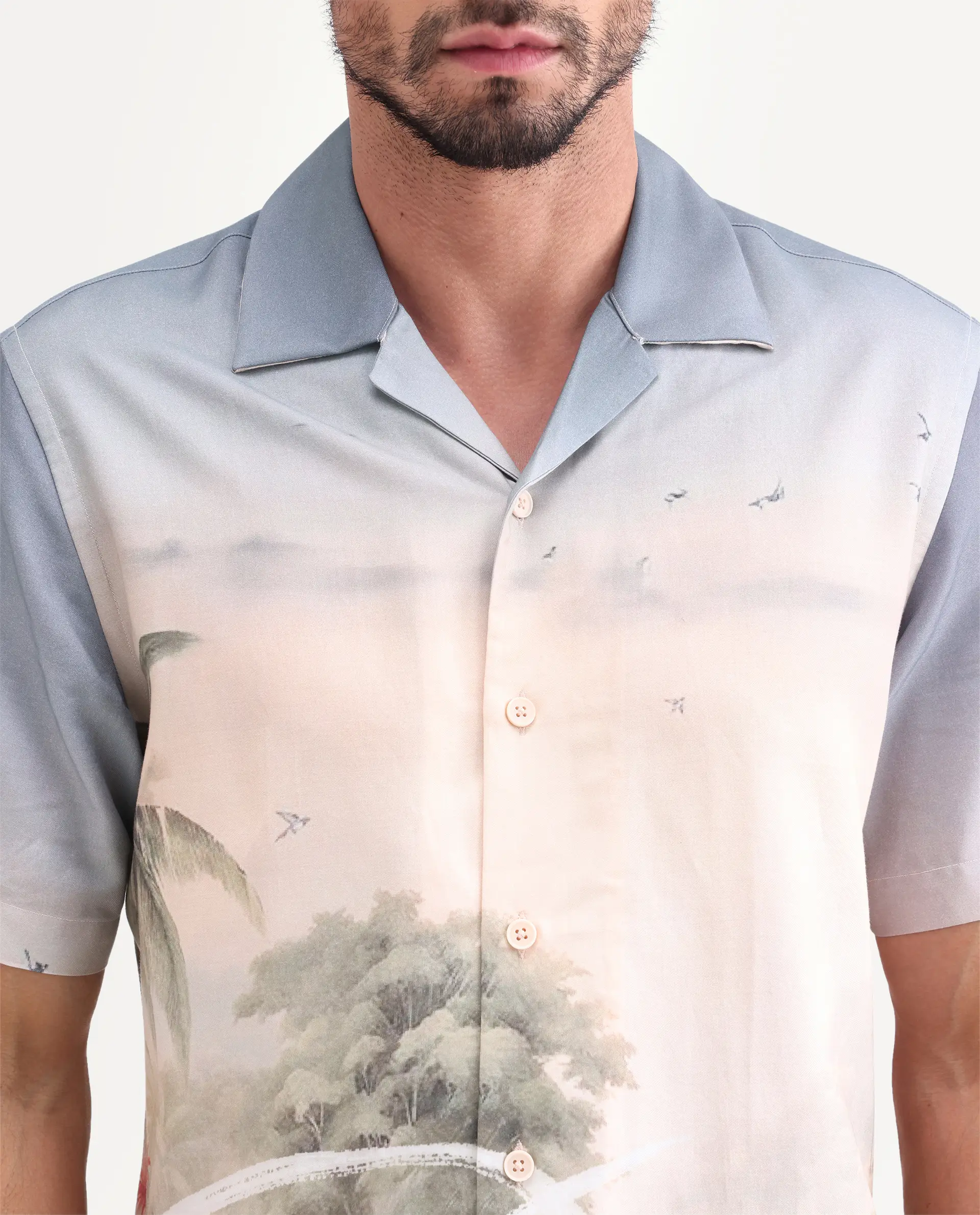 Rare Rabbit Men's Pexa Dusky Peach Cotton Blend Fabric Half Sleeve Cuban Collar Regular Fit Tropical Print Shirt - Image 6