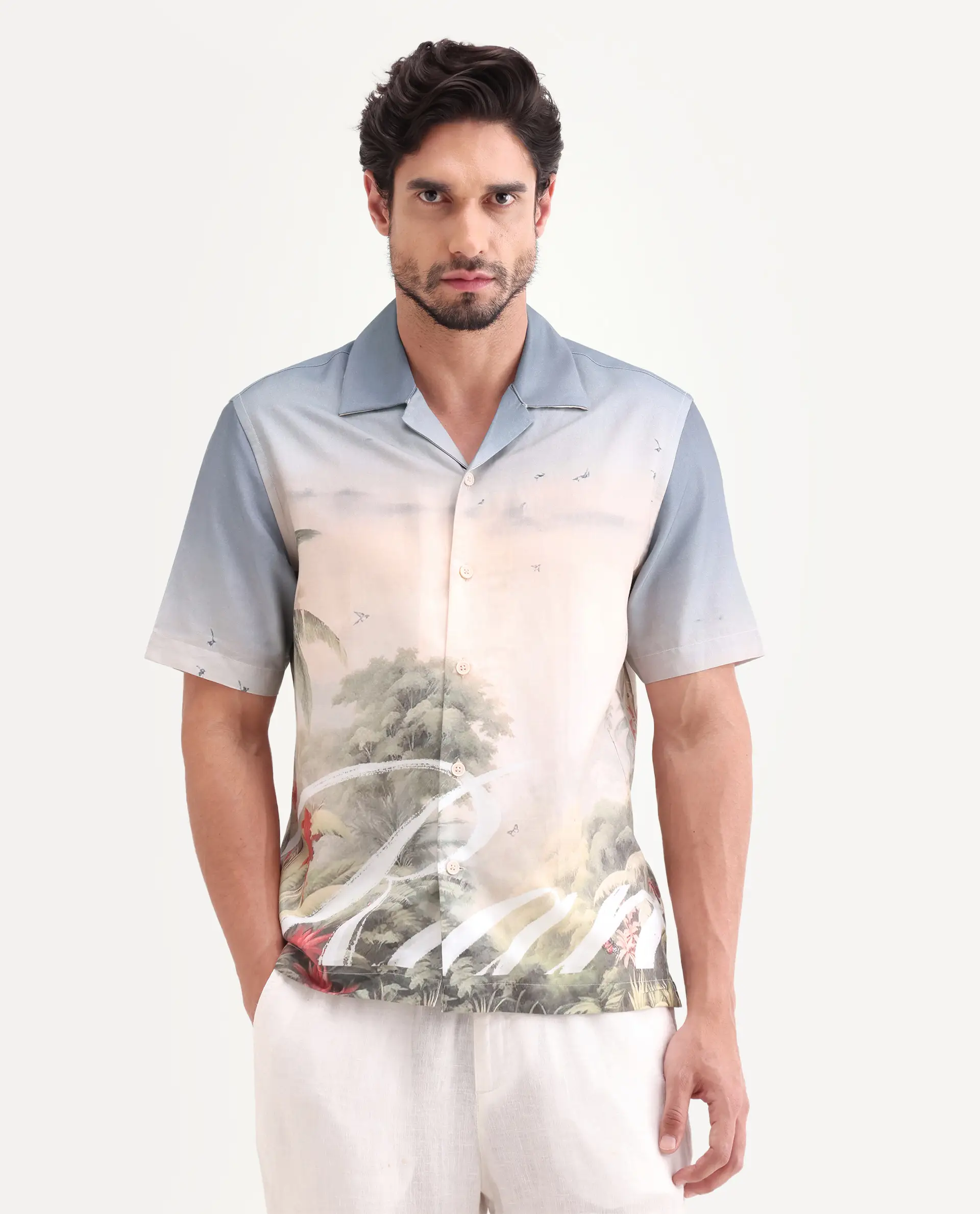 Rare Rabbit Men's Pexa Dusky Peach Cotton Blend Fabric Half Sleeve Cuban Collar Regular Fit Tropical Print Shirt - Image 7