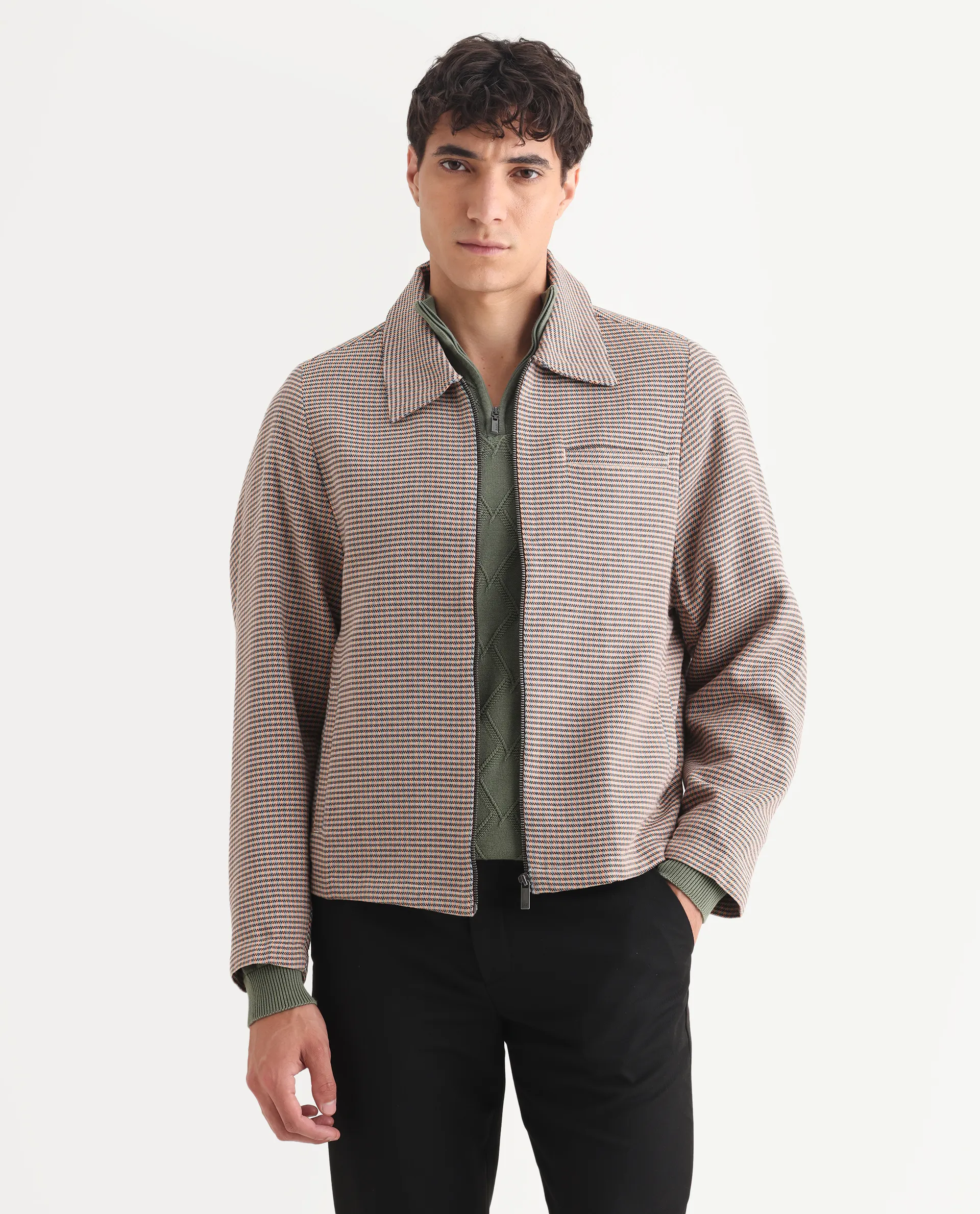 Rare Rabbit Men's Pexrul Rust Cotton Checked Print Relaxed Fit Full Sleeve Spread Collar Jacket - Image 3