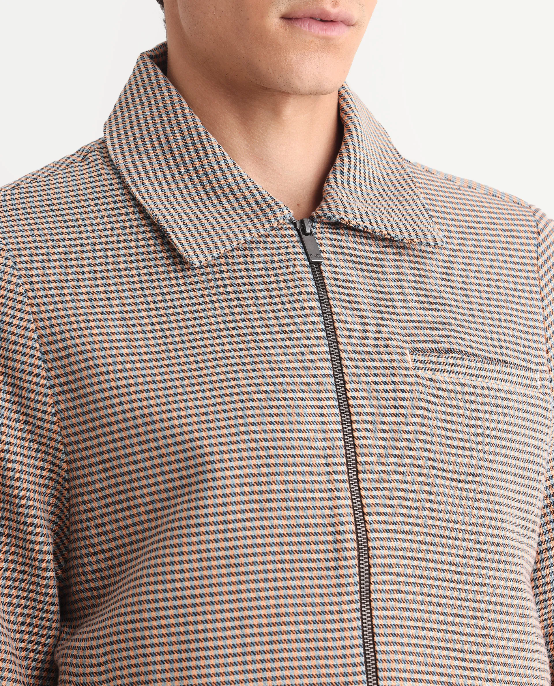 Rare Rabbit Men's Pexrul Rust Cotton Checked Print Relaxed Fit Full Sleeve Spread Collar Jacket - Image 4