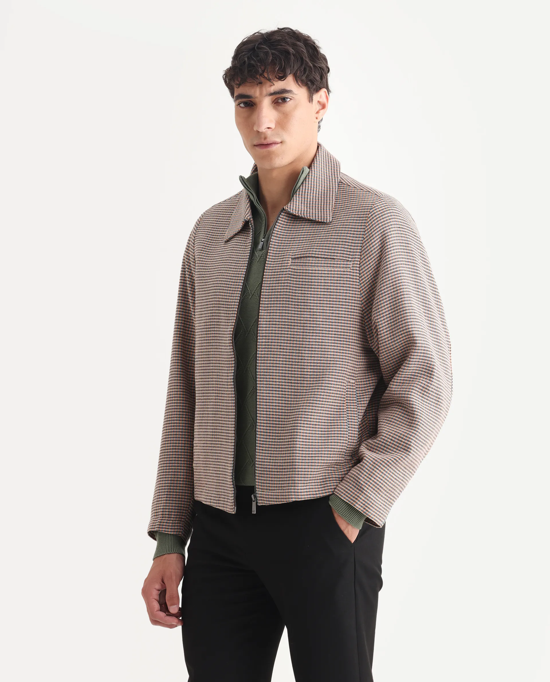 Rare Rabbit Men's Pexrul Rust Cotton Checked Print Relaxed Fit Full Sleeve Spread Collar Jacket - Image 5