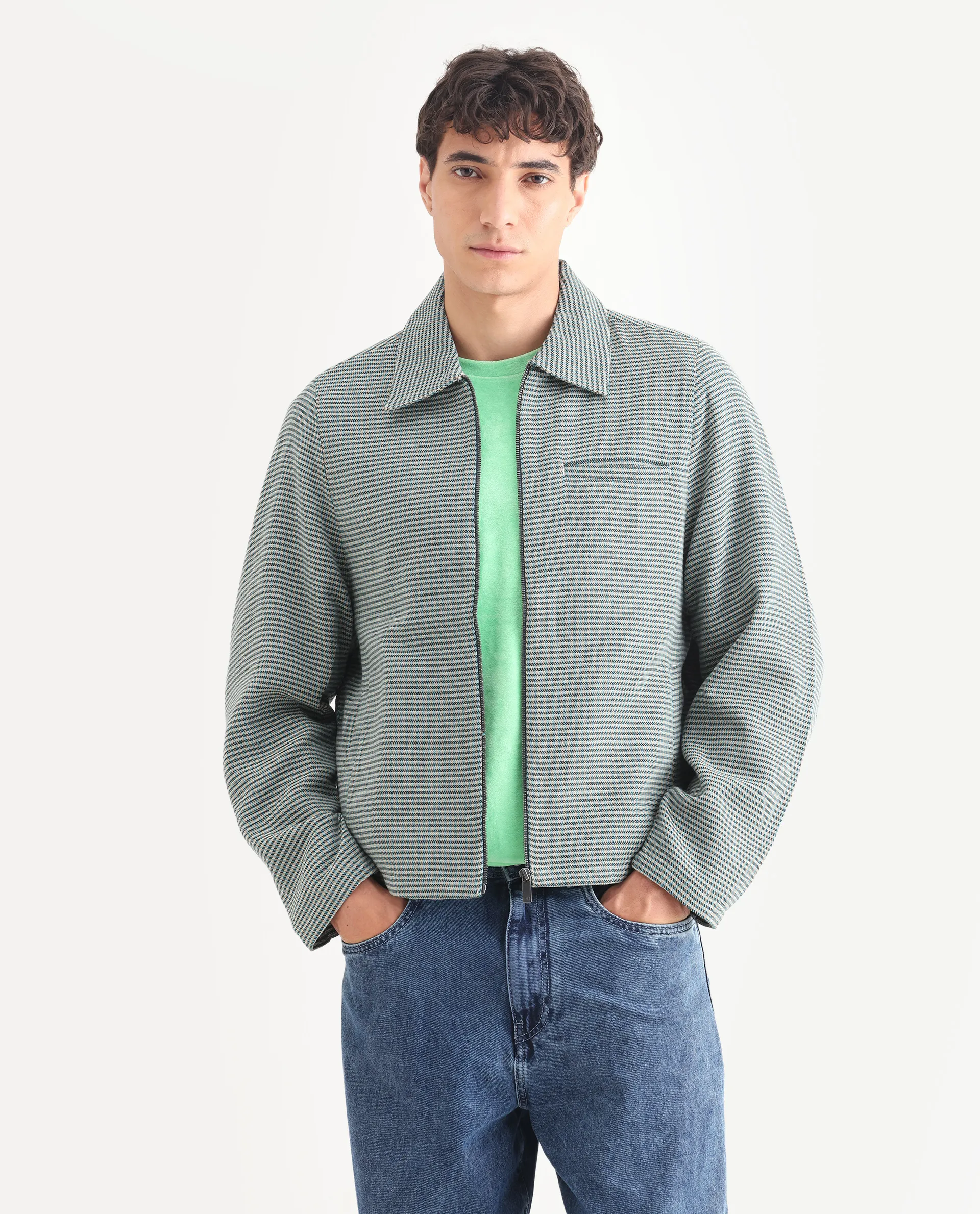 Rare Rabbit Men's Pexrul Teal Cotton Checked Print Relaxed Fit Full Sleeve Spread Collar Jacket - Image 3