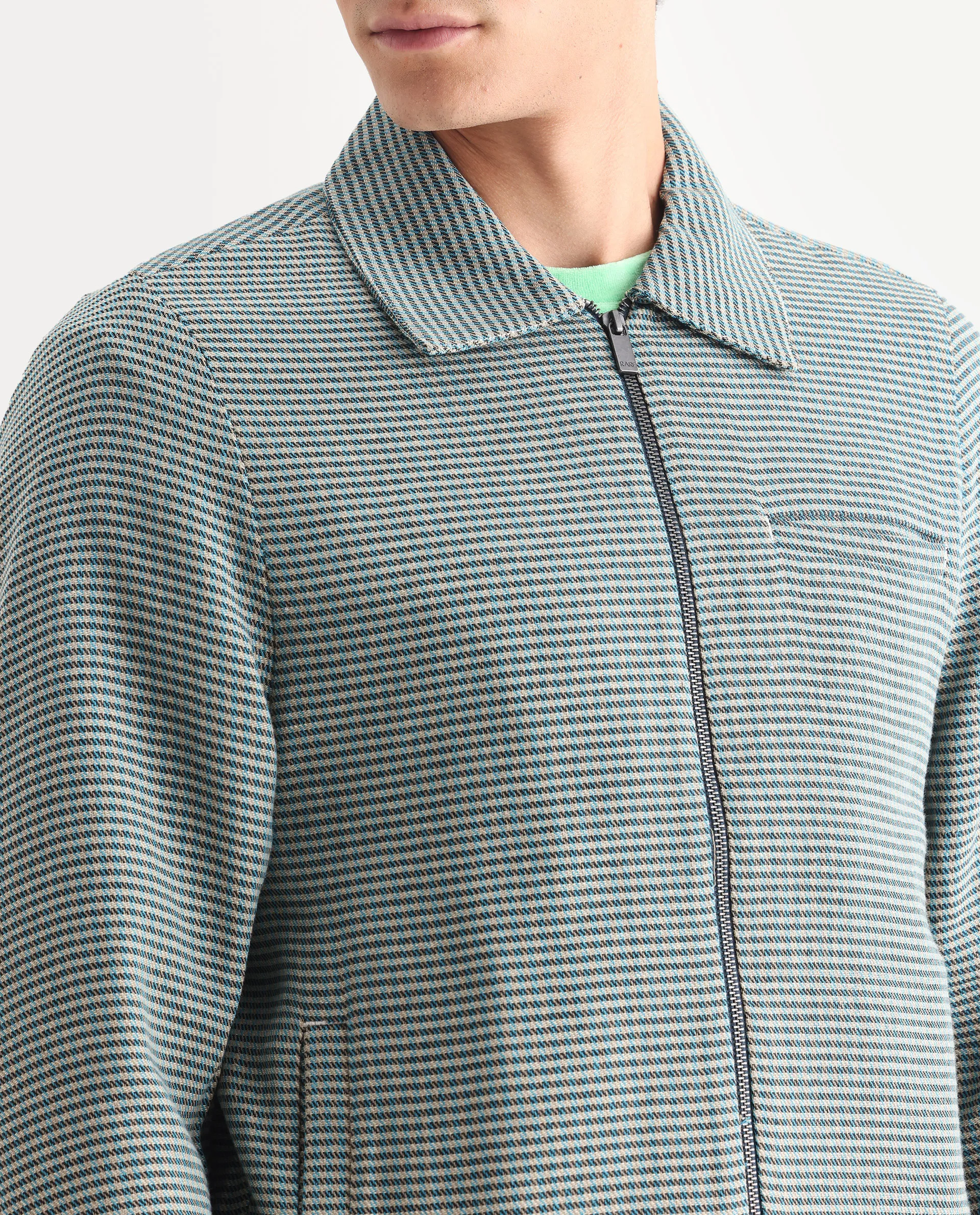 Rare Rabbit Men's Pexrul Teal Cotton Checked Print Relaxed Fit Full Sleeve Spread Collar Jacket - Image 4