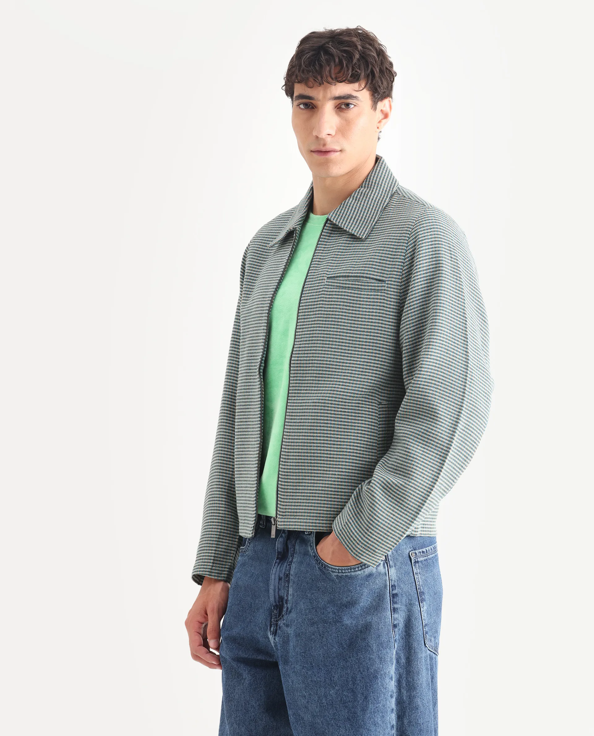 Rare Rabbit Men's Pexrul Teal Cotton Checked Print Relaxed Fit Full Sleeve Spread Collar Jacket - Image 5