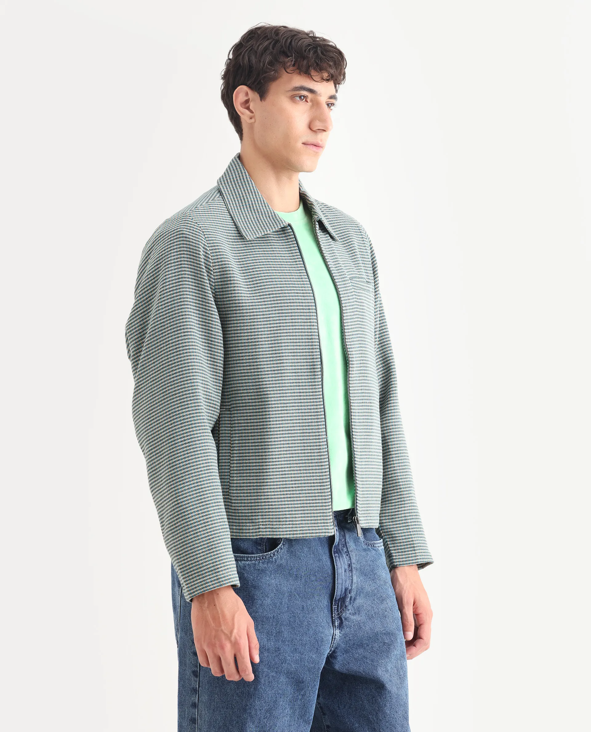 Rare Rabbit Men's Pexrul Teal Cotton Checked Print Relaxed Fit Full Sleeve Spread Collar Jacket - Image 6