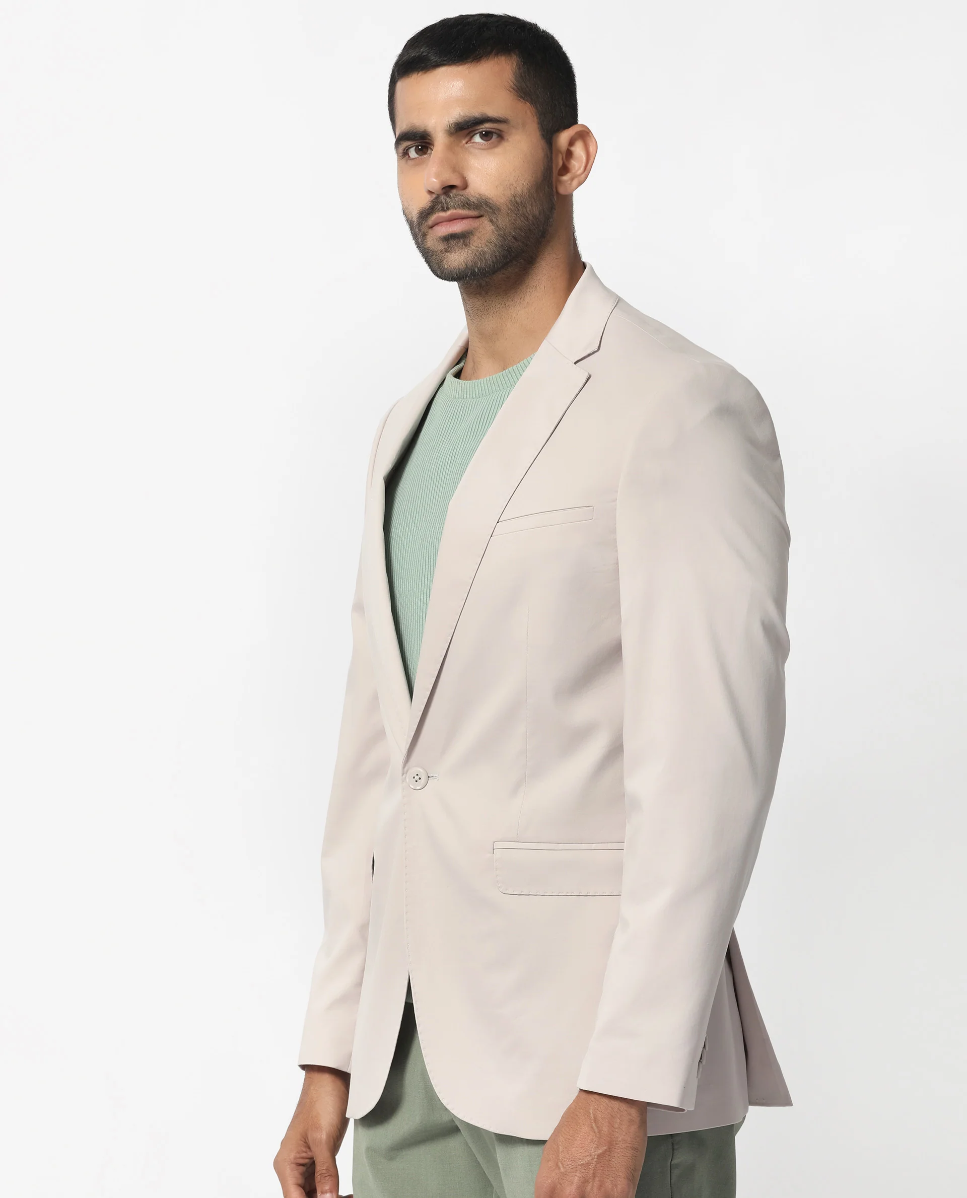 Rare Rabbit Men's Peyton Light Beige Polyester Plain Tailored Fit Full Sleeve Lapel Neck Blazer - Image 5
