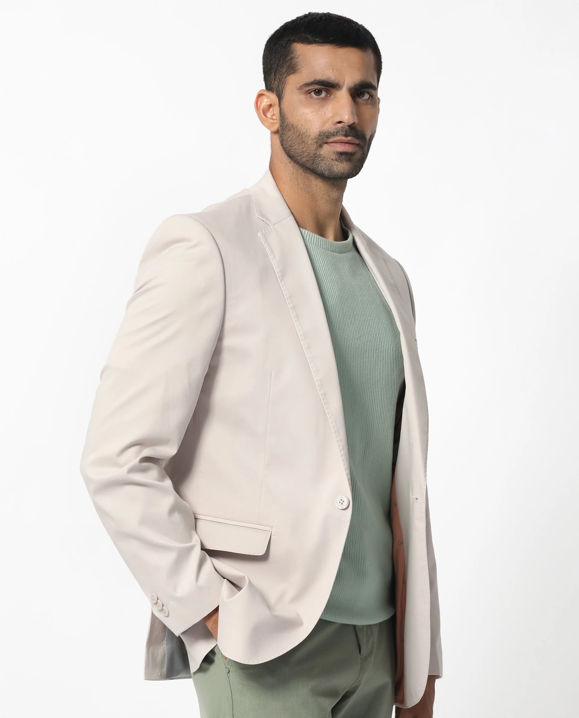 Rare Rabbit Men's Peyton Light Beige Polyester Plain Tailored Fit Full Sleeve Lapel Neck Blazer - Image 6