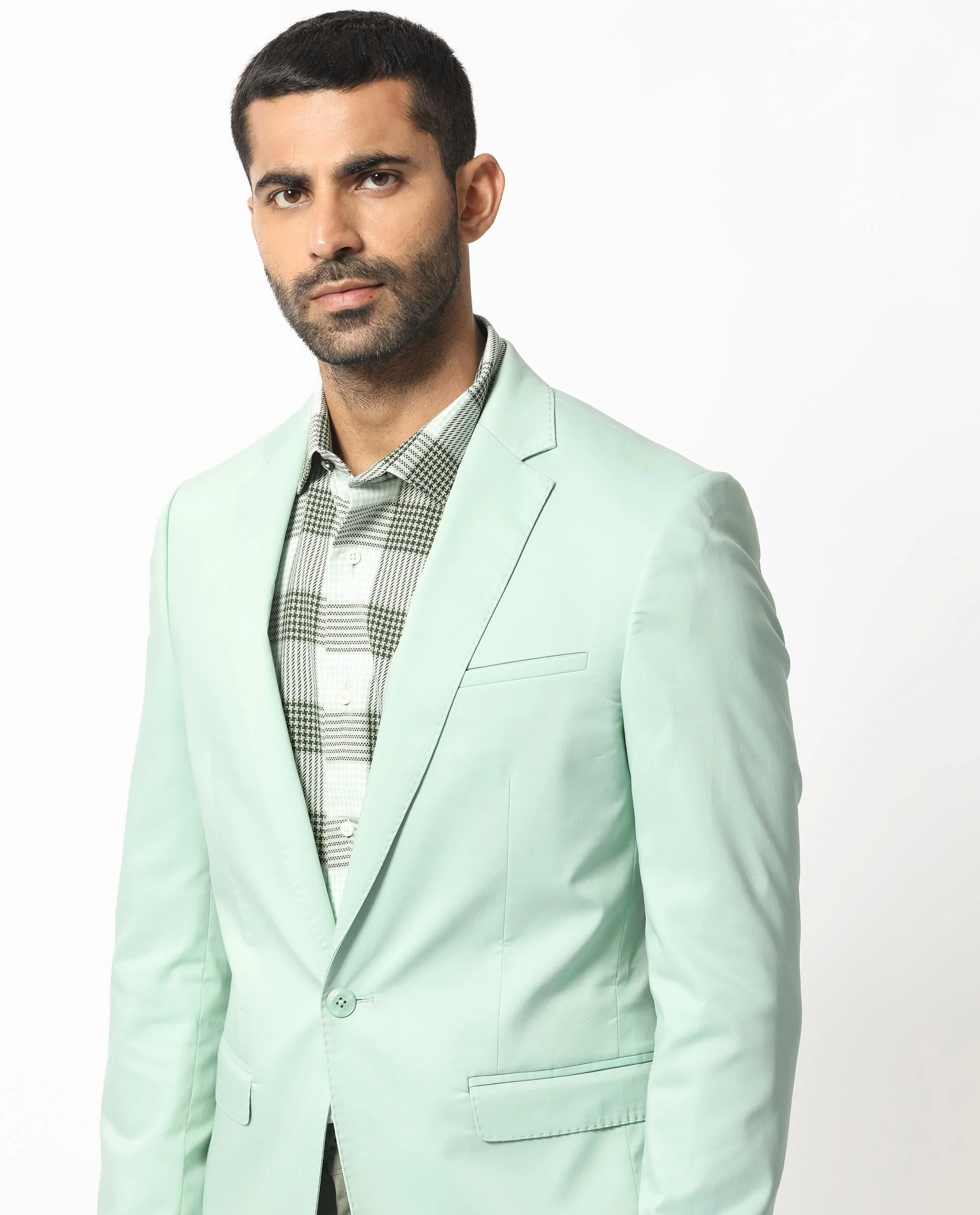 Rare Rabbit Men's Peyton Pastel Green Polyester Plain Tailored Fit Full Sleeve Lapel Neck Blazer - Image 3