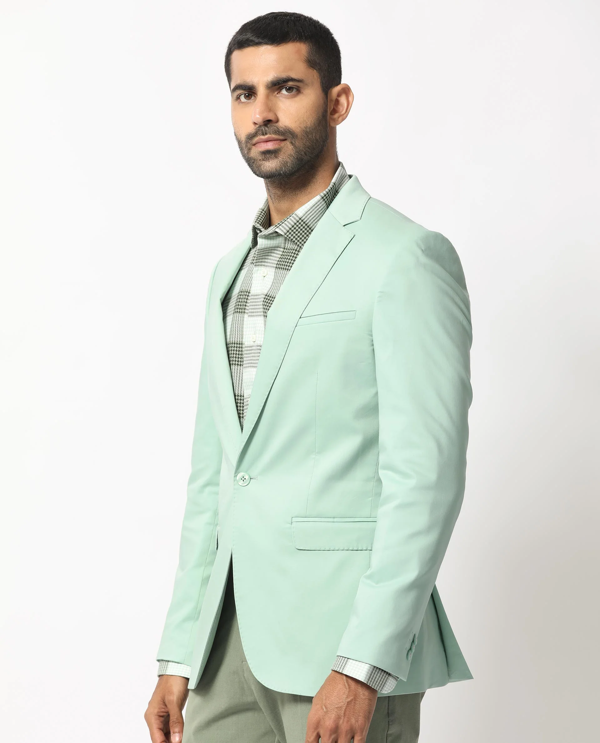 Rare Rabbit Men's Peyton Pastel Green Polyester Plain Tailored Fit Full Sleeve Lapel Neck Blazer - Image 5