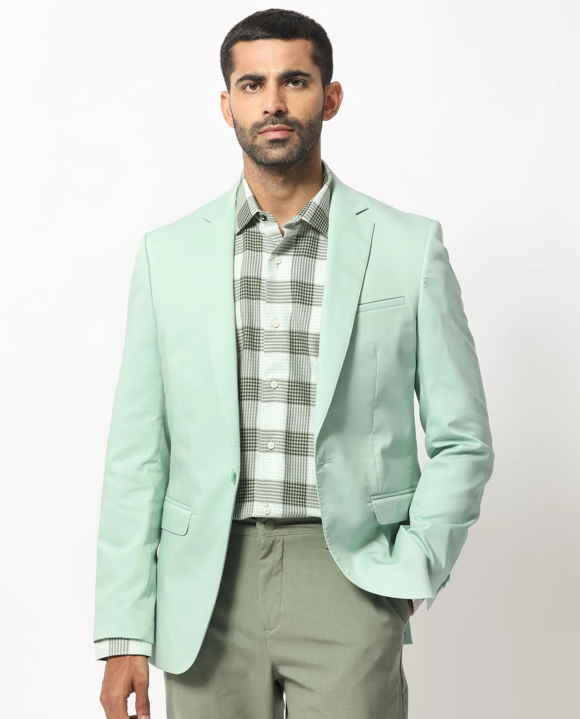 Rare Rabbit Men's Peyton Pastel Green Polyester Plain Tailored Fit Full Sleeve Lapel Neck Blazer - Image 7