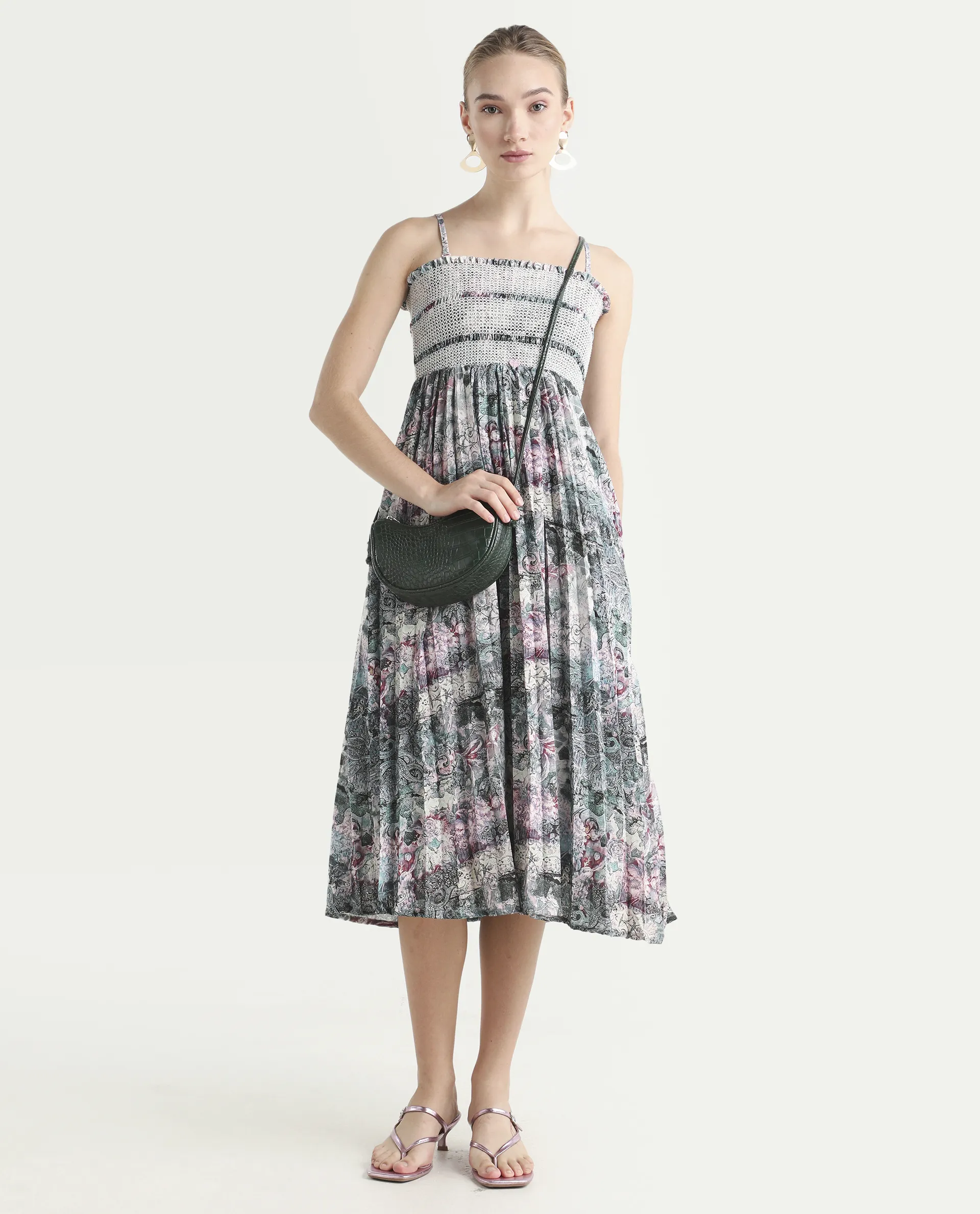 Rareism Women's Phanks Multi Polyester Tube Neck Abstract Print Sleeveless Midi Fit And Flare Dress - Image 2