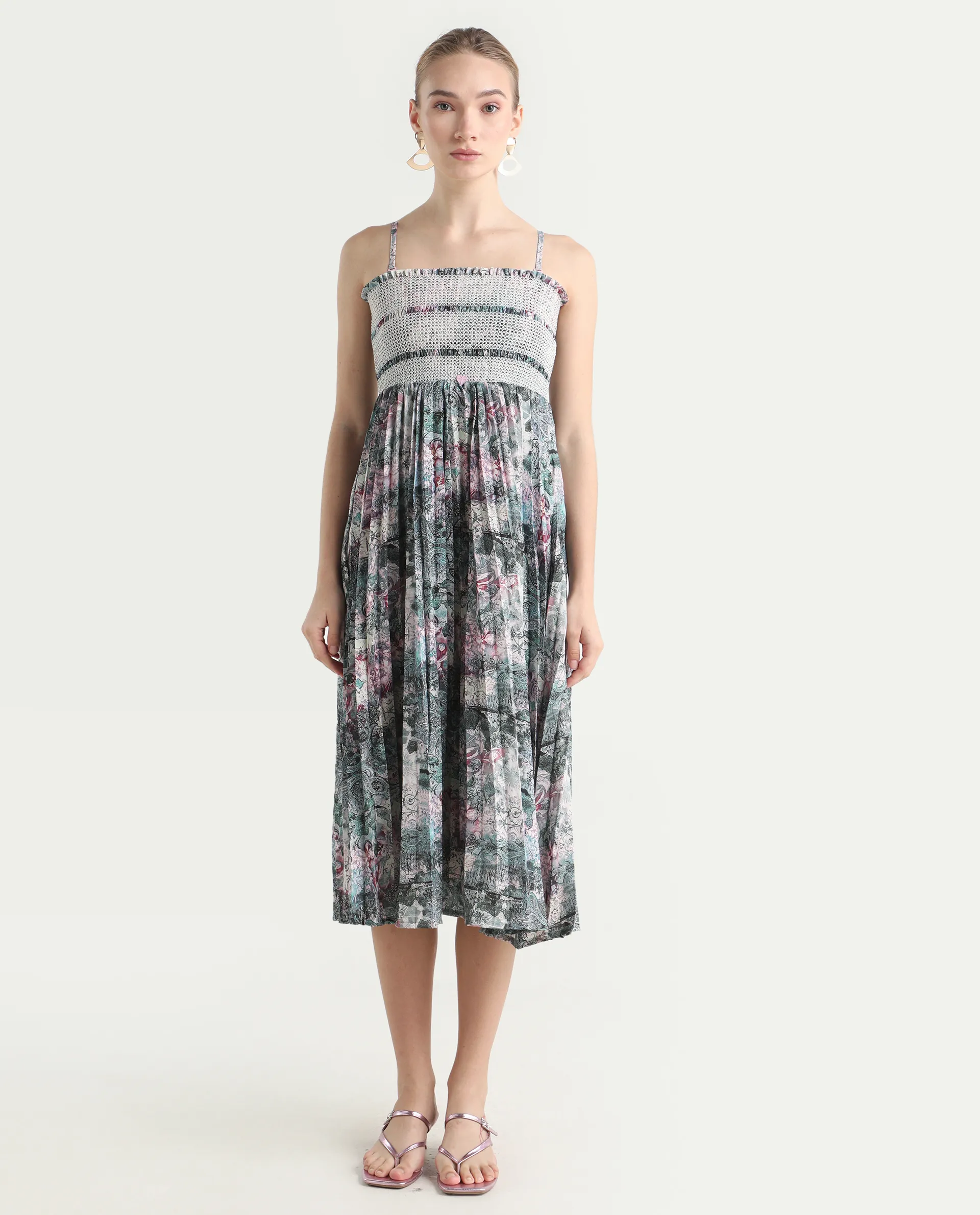 Rareism Women's Phanks Multi Polyester Tube Neck Abstract Print Sleeveless Midi Fit And Flare Dress - Image 3