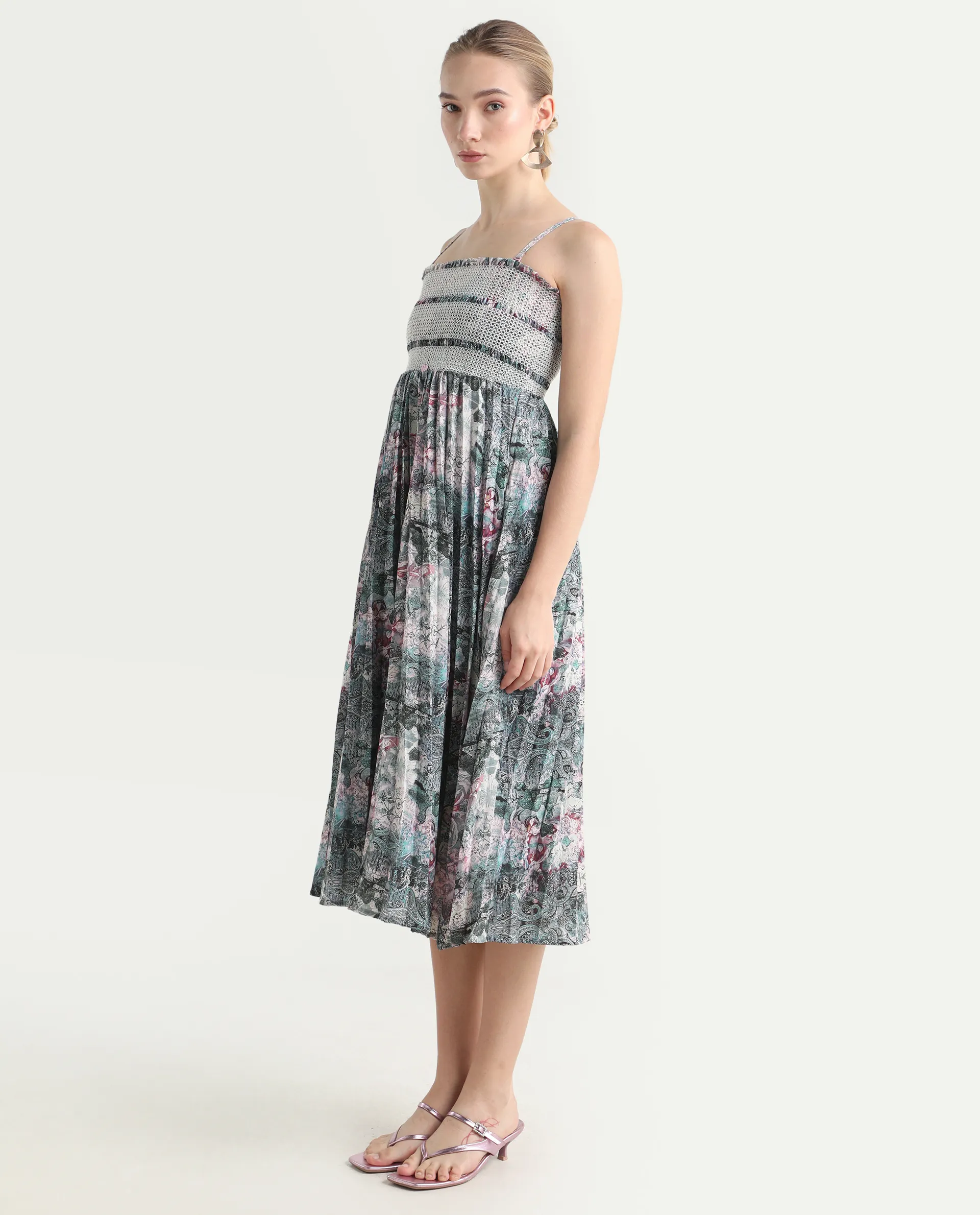 Rareism Women's Phanks Multi Polyester Tube Neck Abstract Print Sleeveless Midi Fit And Flare Dress - Image 5