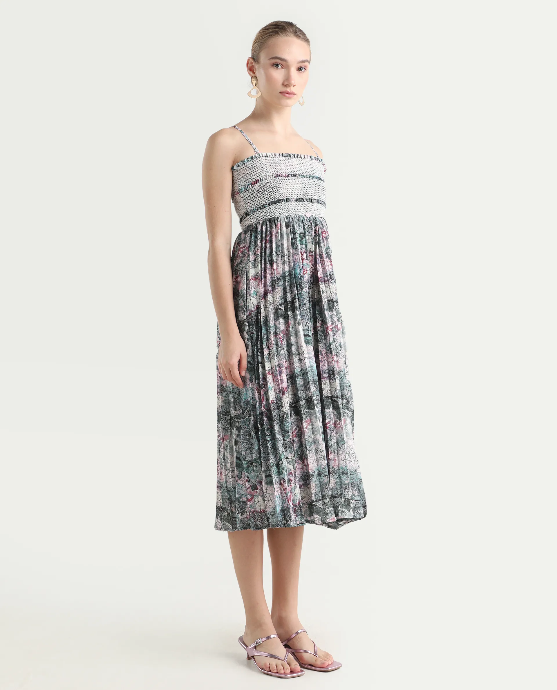 Rareism Women's Phanks Multi Polyester Tube Neck Abstract Print Sleeveless Midi Fit And Flare Dress - Image 6