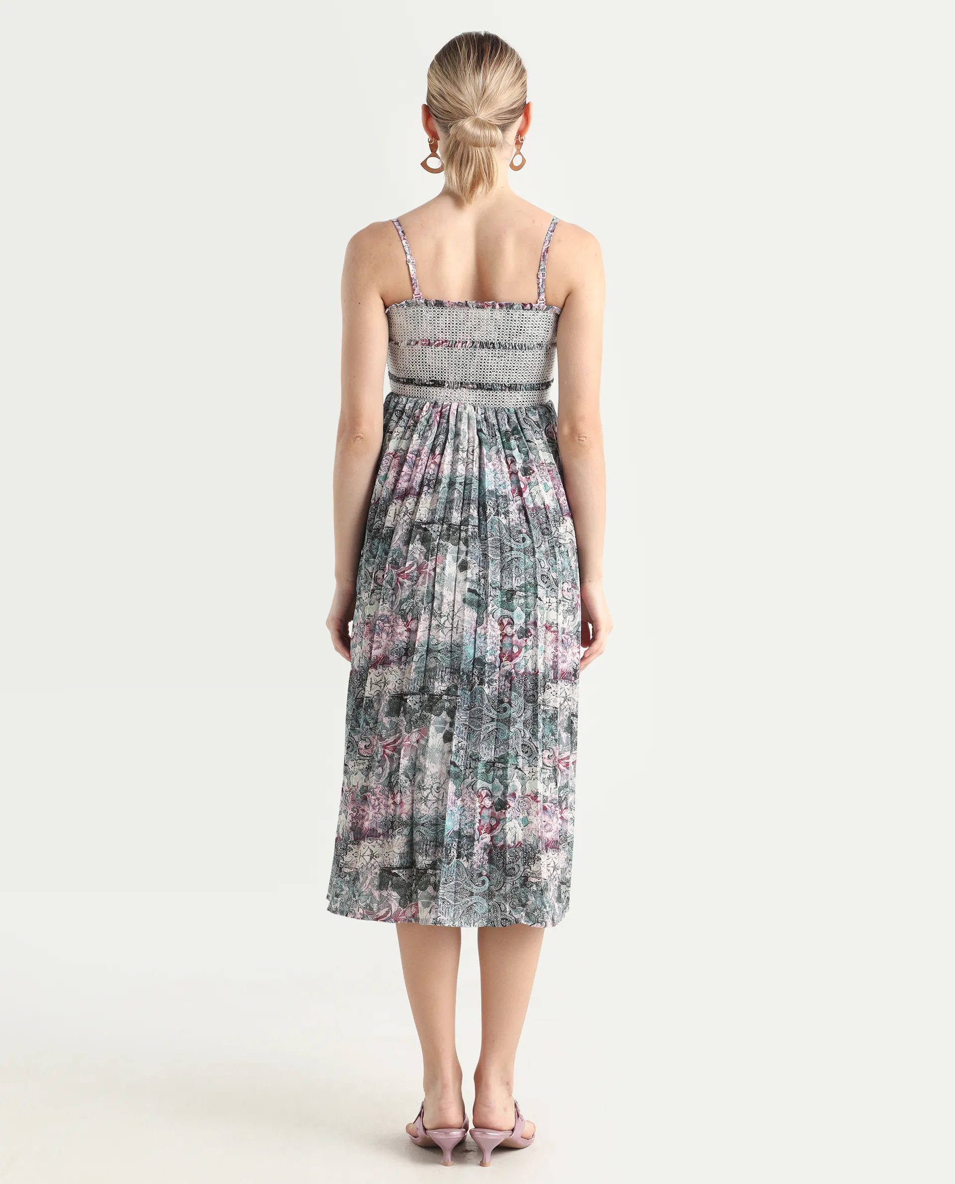Rareism Women's Phanks Multi Polyester Tube Neck Abstract Print Sleeveless Midi Fit And Flare Dress - Image 7