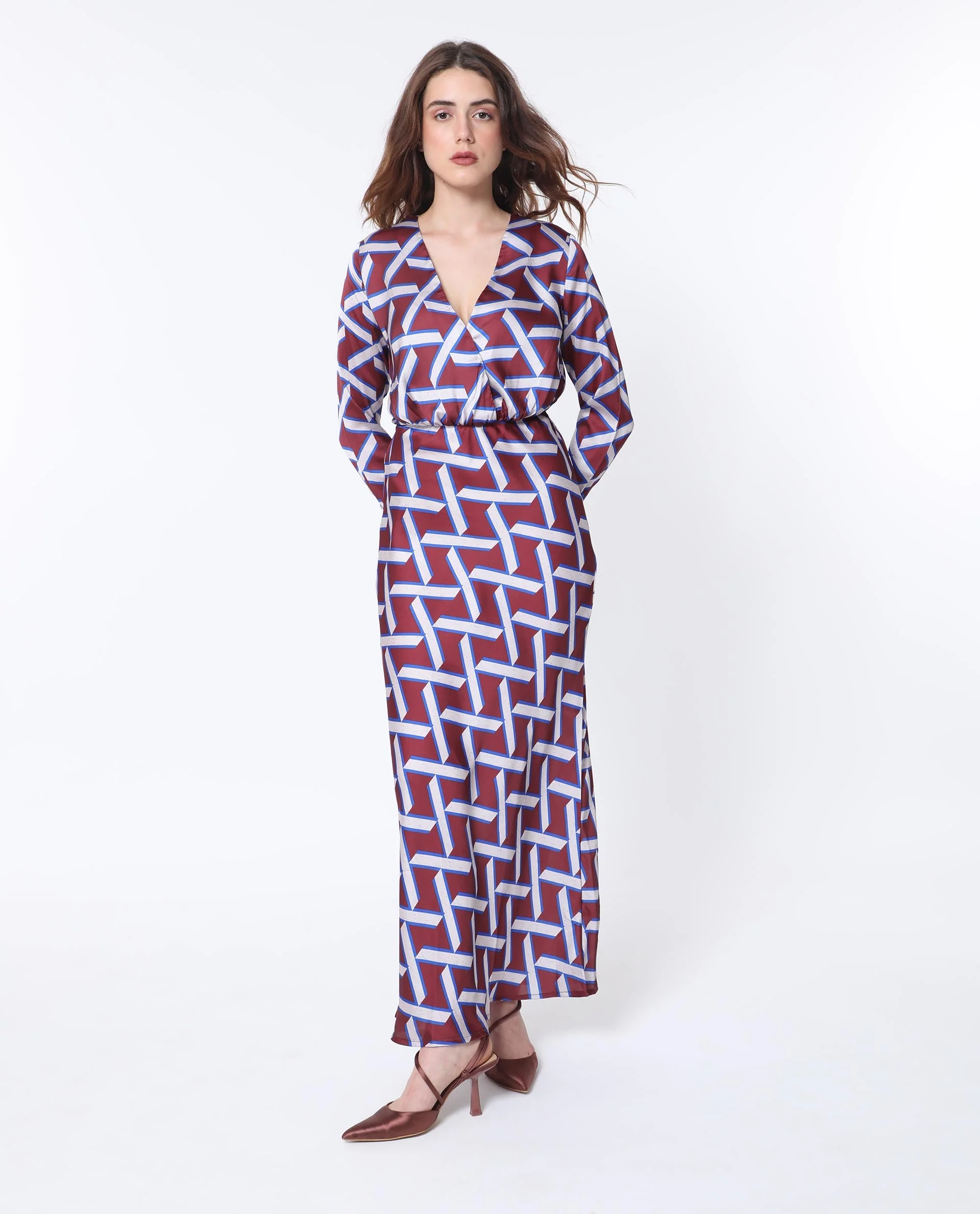 Rareism Women's Phara Brown Polyester V-Neck Geometric Print Maxi Regular Fit Dress