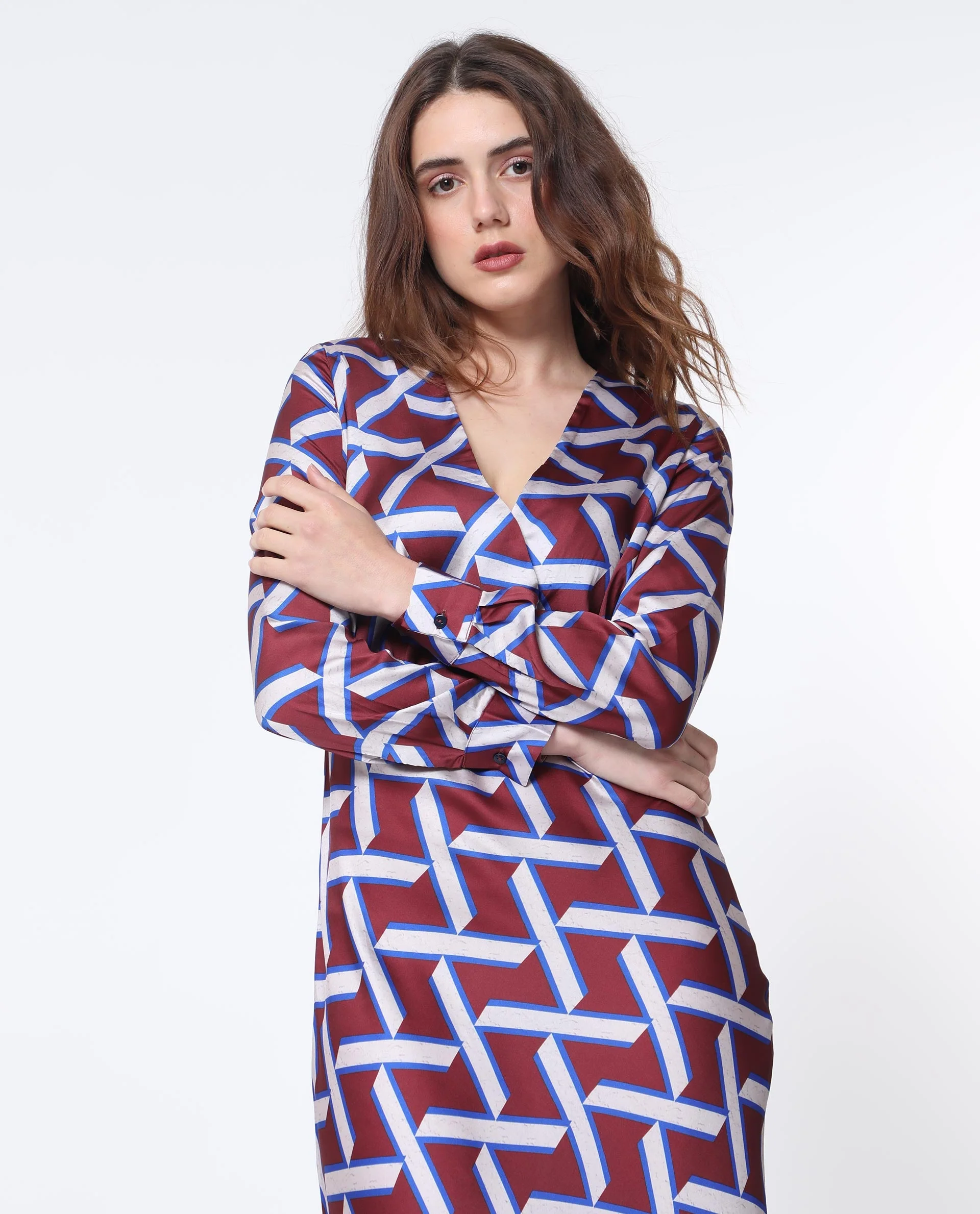 Rareism Women's Phara Brown Polyester V-Neck Geometric Print Maxi Regular Fit Dress - Image 2