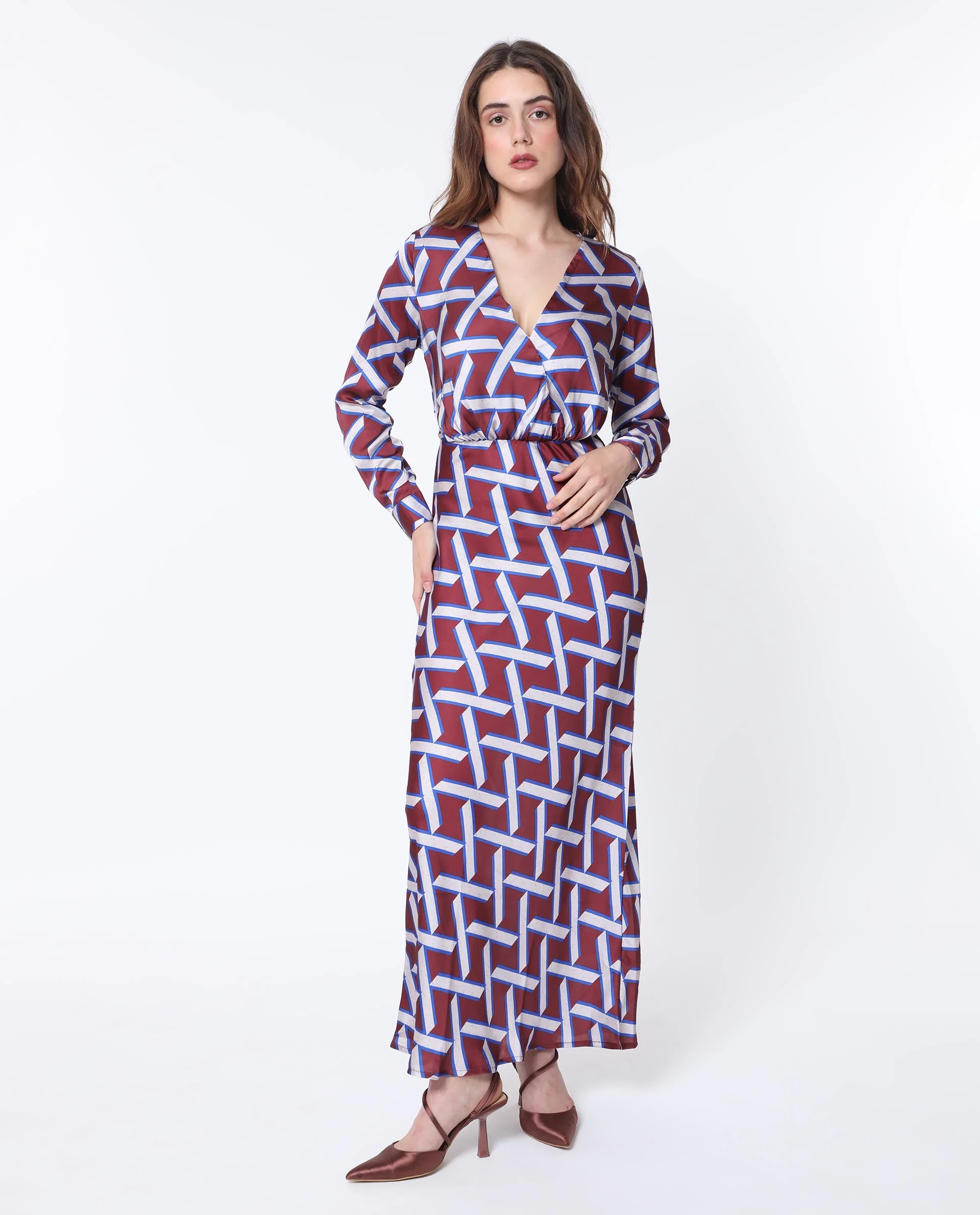 Rareism Women's Phara Brown Polyester V-Neck Geometric Print Maxi Regular Fit Dress - Image 4