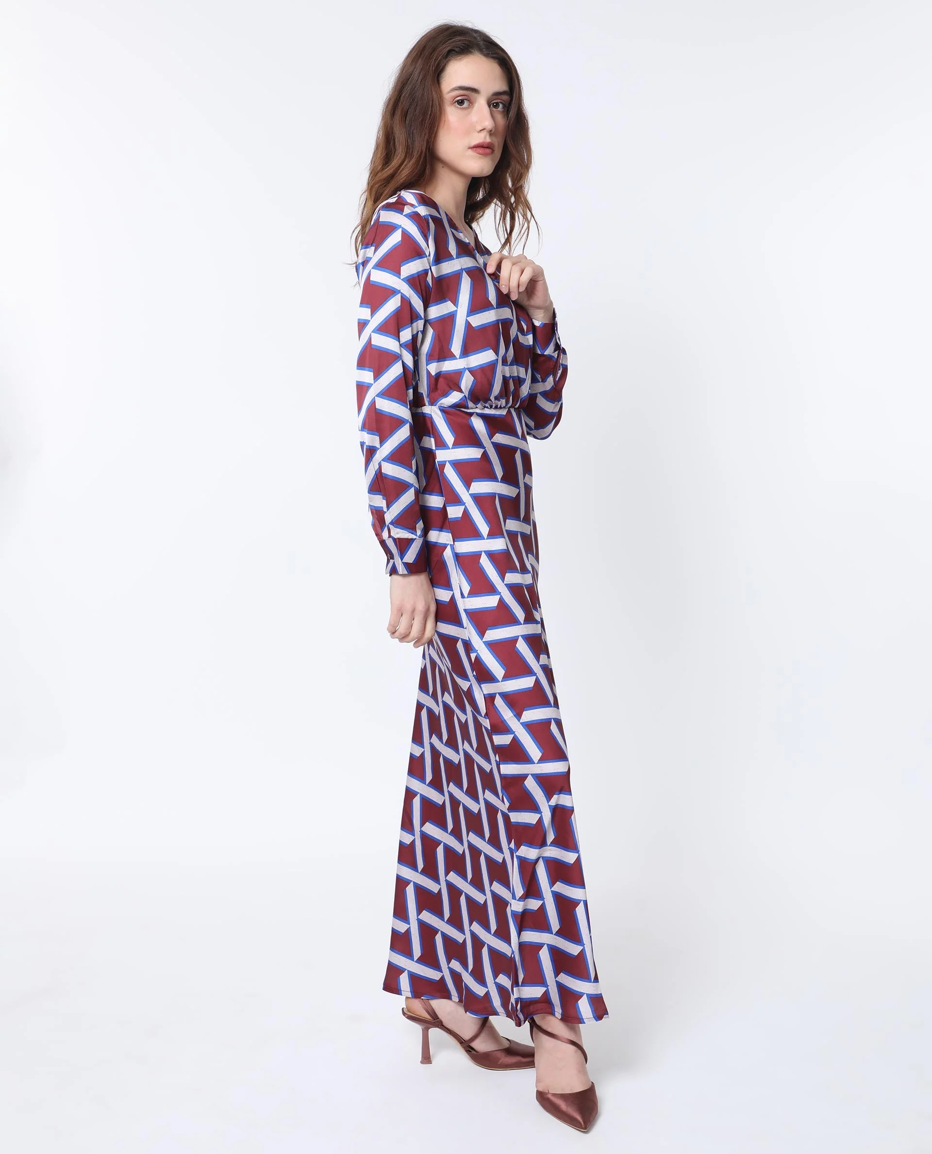 Rareism Women's Phara Brown Polyester V-Neck Geometric Print Maxi Regular Fit Dress - Image 5