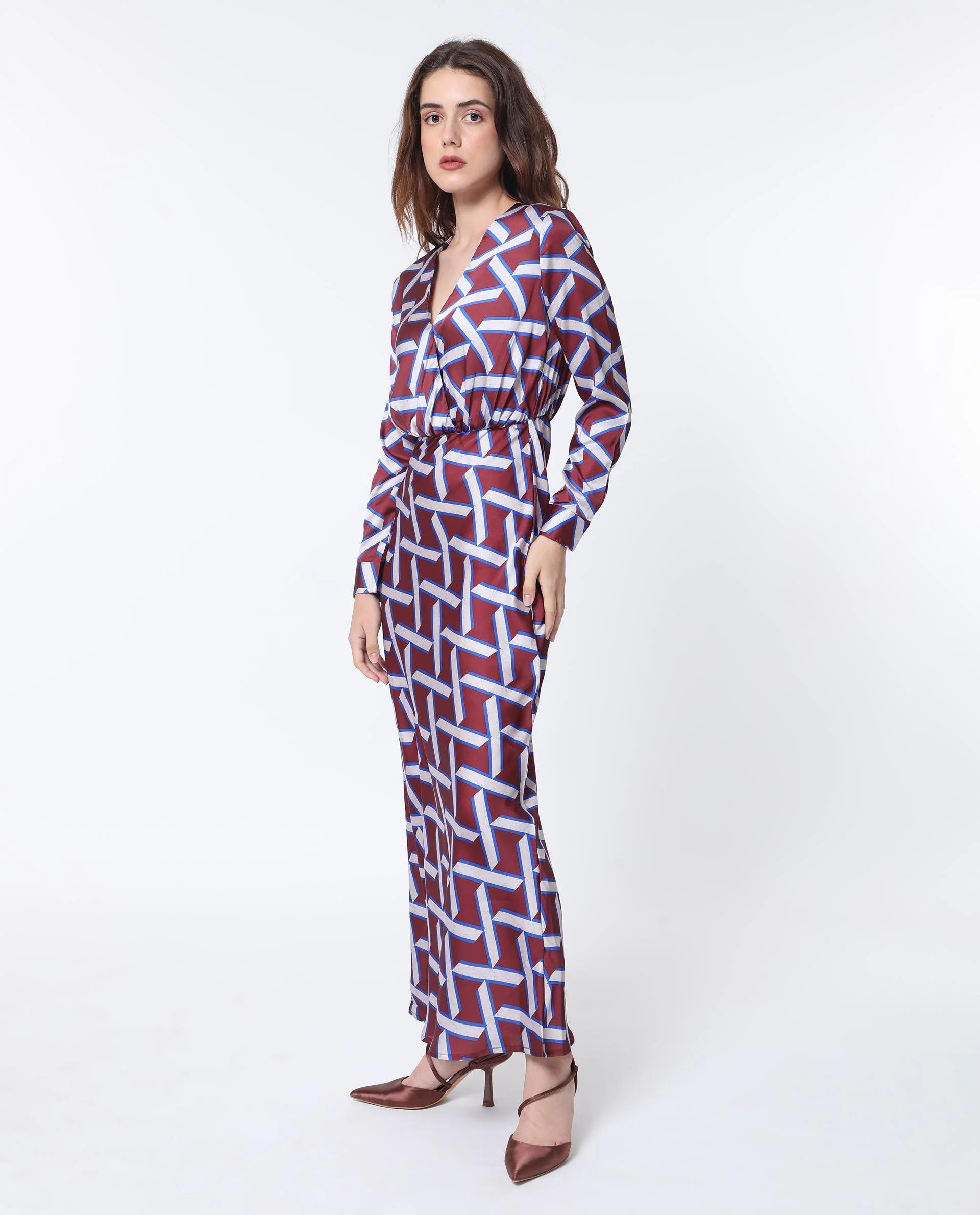 Rareism Women's Phara Brown Polyester V-Neck Geometric Print Maxi Regular Fit Dress - Image 6