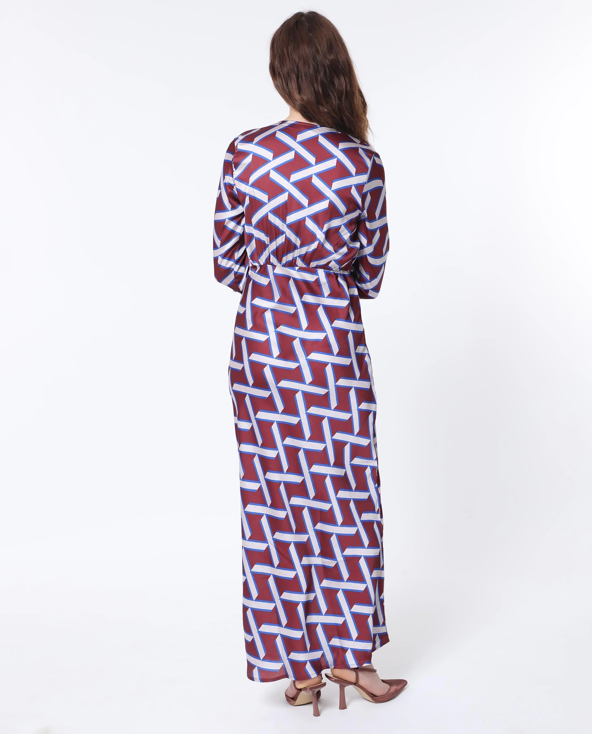 Rareism Women's Phara Brown Polyester V-Neck Geometric Print Maxi Regular Fit Dress - Image 7