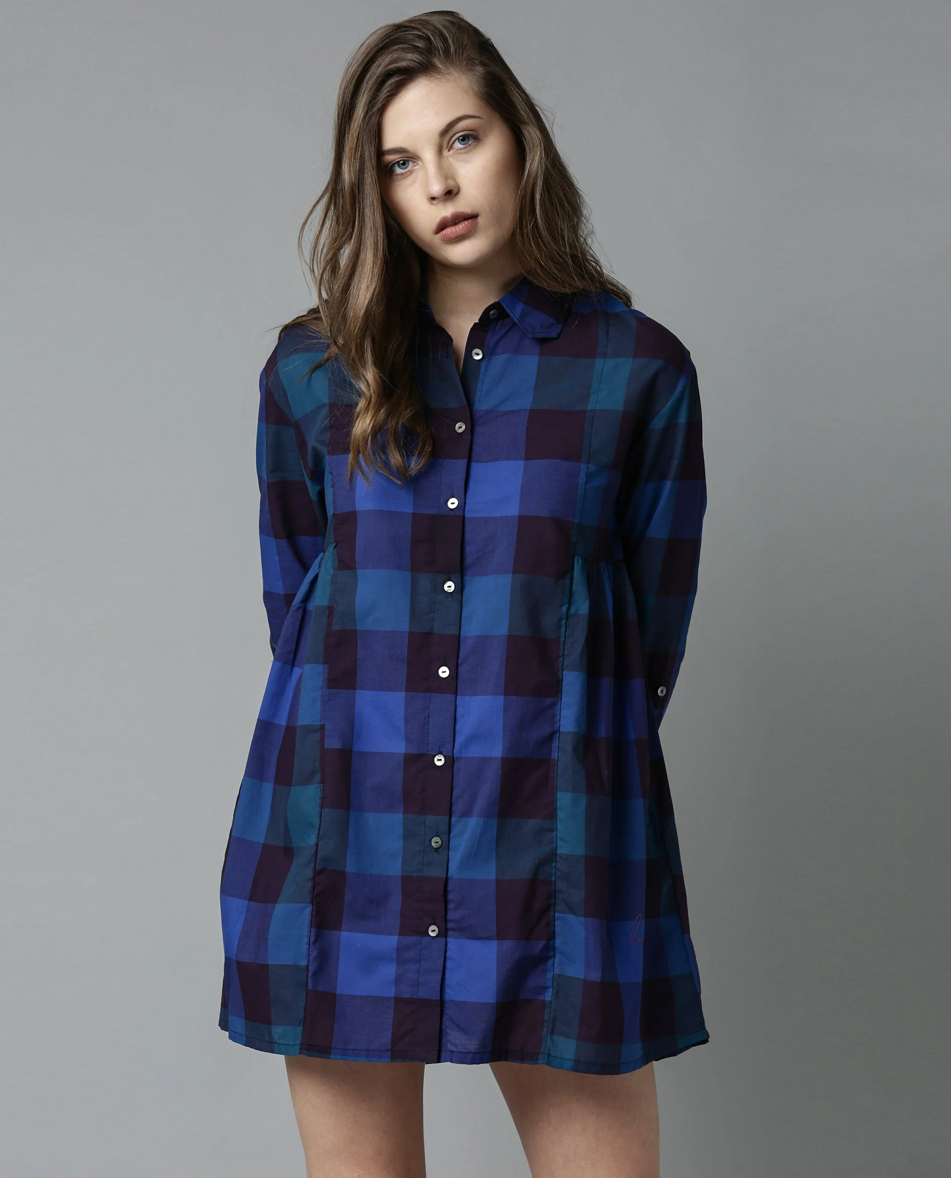 Rareism Women Phase Navy Dress Full Sleeves Checks