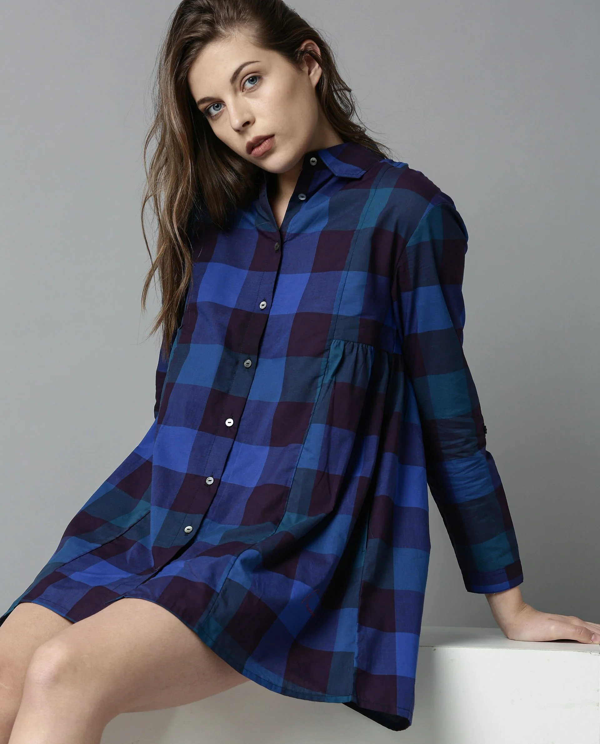 Rareism Women Phase Navy Dress Full Sleeves Checks - Image 2