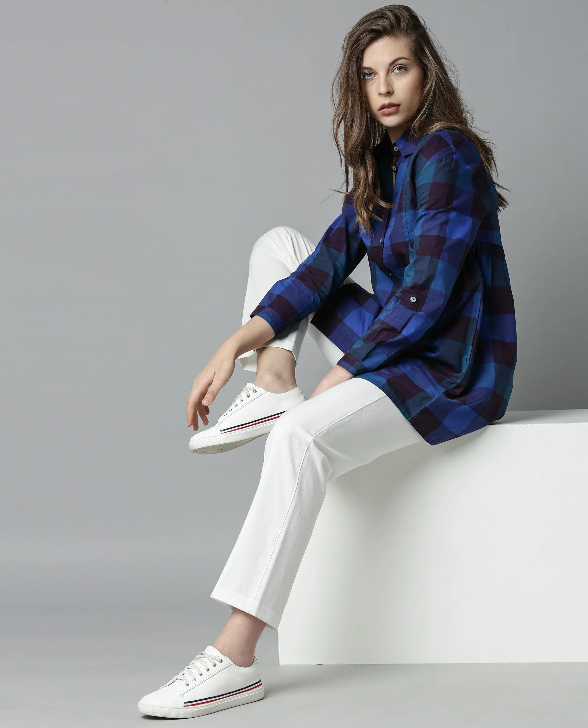 Rareism Women Phase Navy Dress Full Sleeves Checks - Image 5