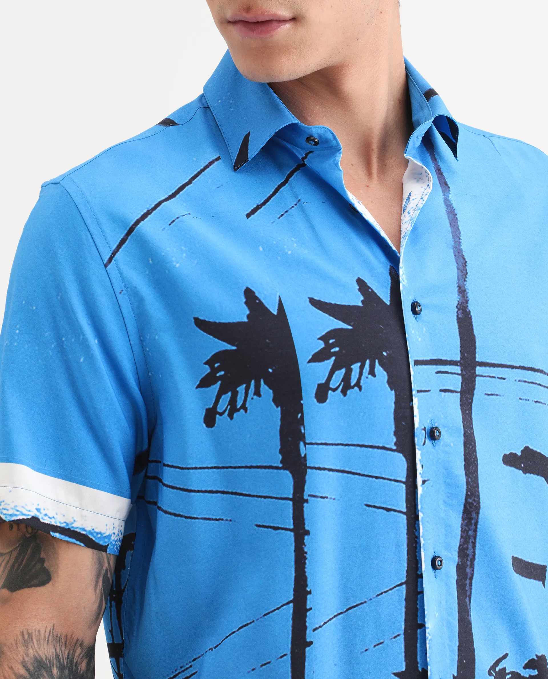 Rare Rabbit Men's Pheena Dark Blue Viscose Fabric Full Sleeve Spread Collar Regular Fit Abstract Print Shirt - Image 3