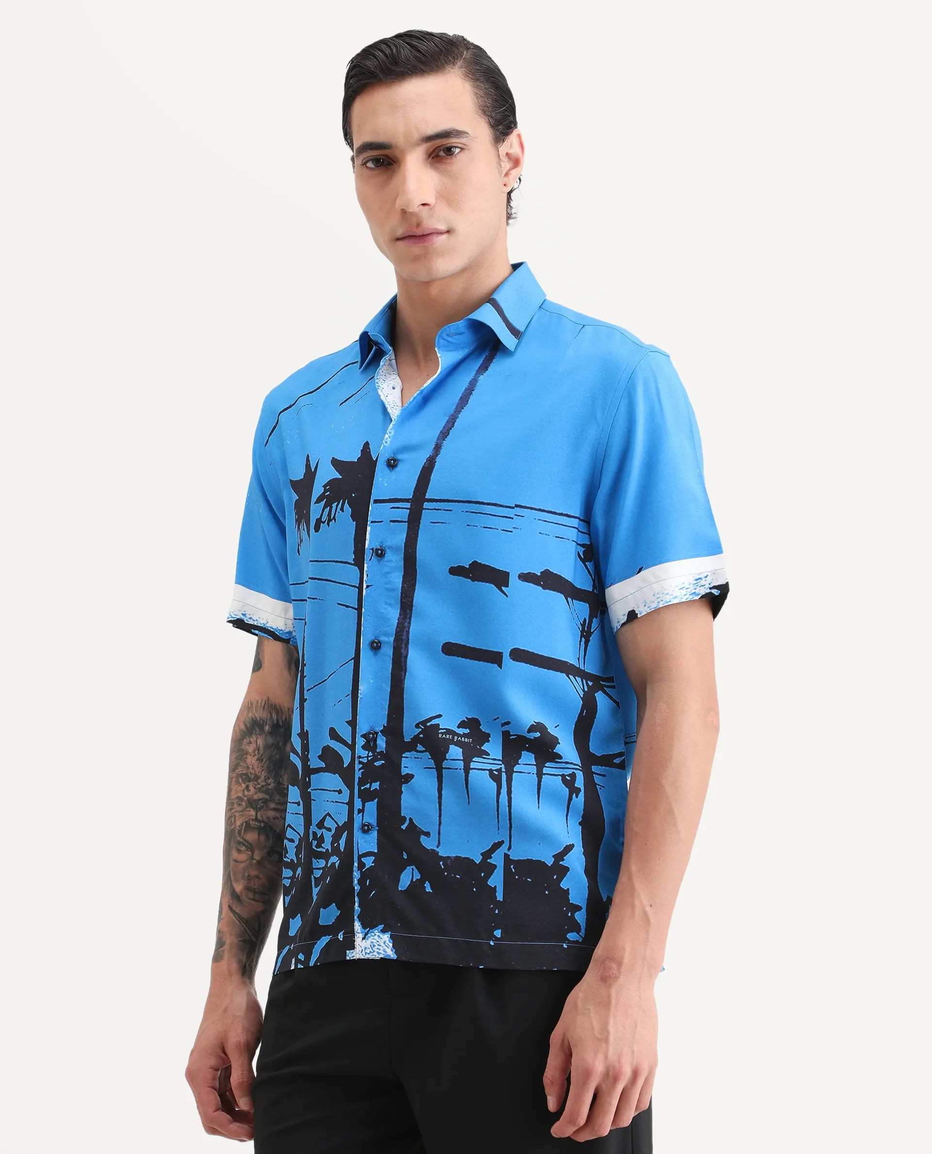 Rare Rabbit Men's Pheena Dark Blue Viscose Fabric Full Sleeve Spread Collar Regular Fit Abstract Print Shirt - Image 4