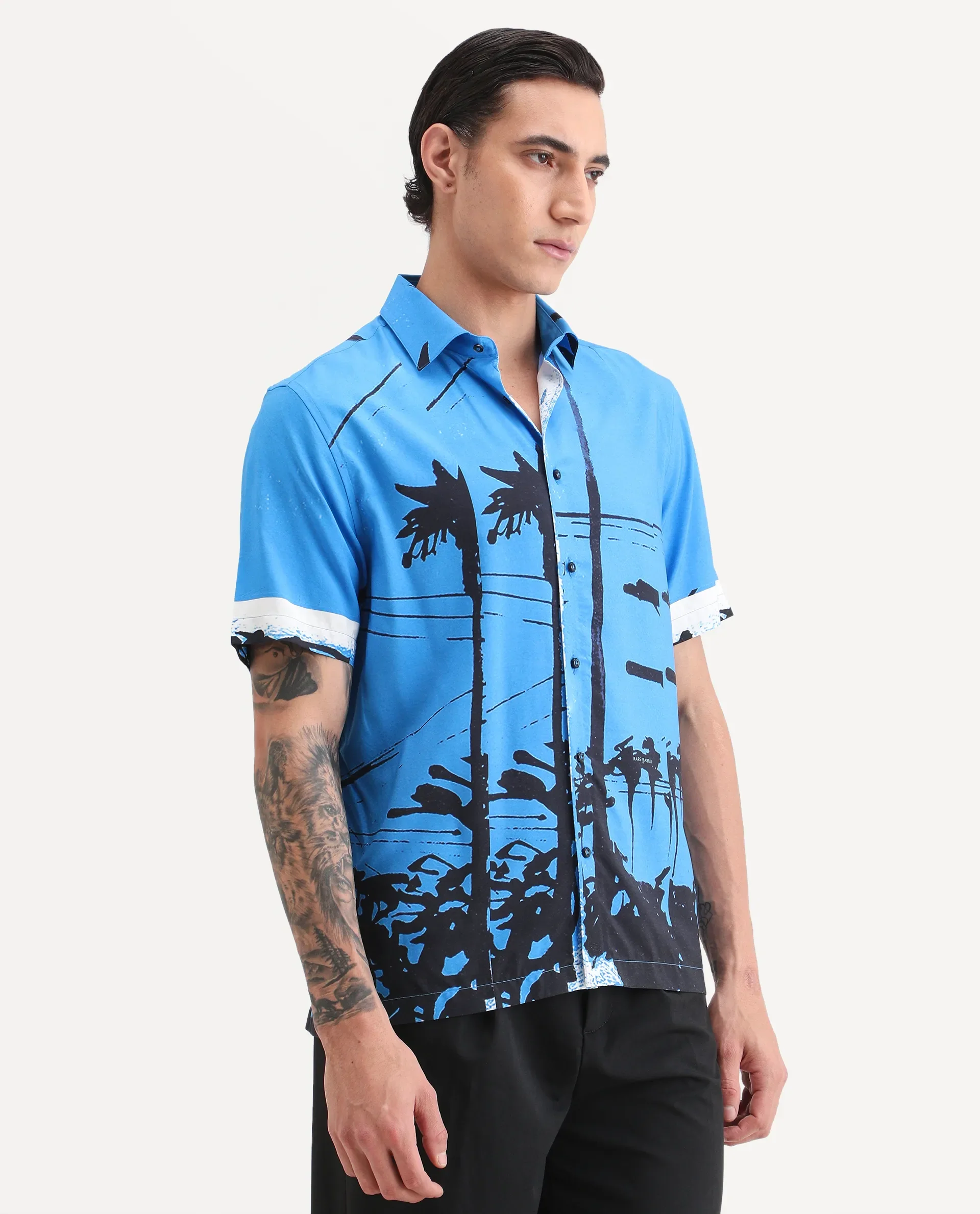 Rare Rabbit Men's Pheena Dark Blue Viscose Fabric Full Sleeve Spread Collar Regular Fit Abstract Print Shirt - Image 5