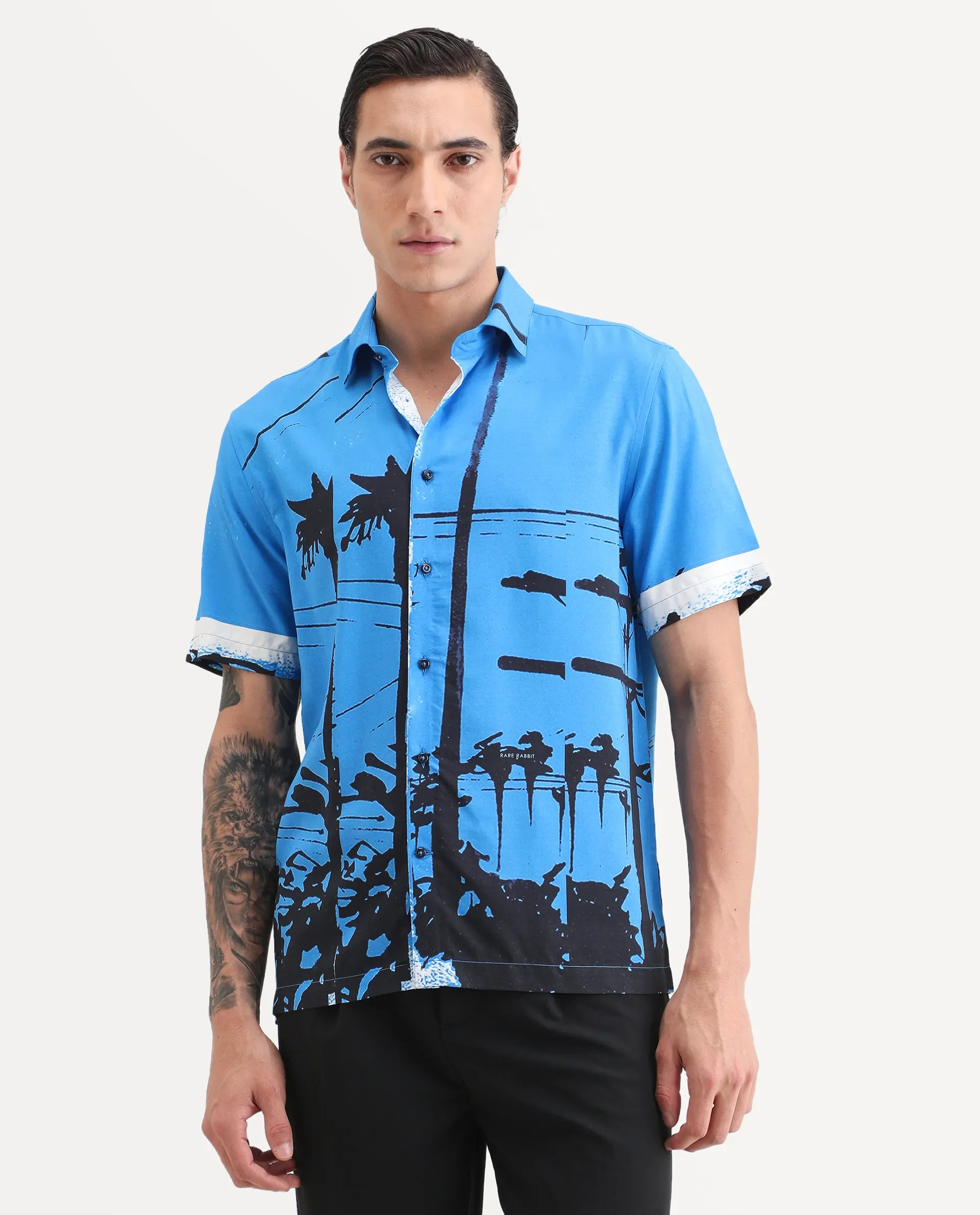 Rare Rabbit Men's Pheena Dark Blue Viscose Fabric Full Sleeve Spread Collar Regular Fit Abstract Print Shirt - Image 6