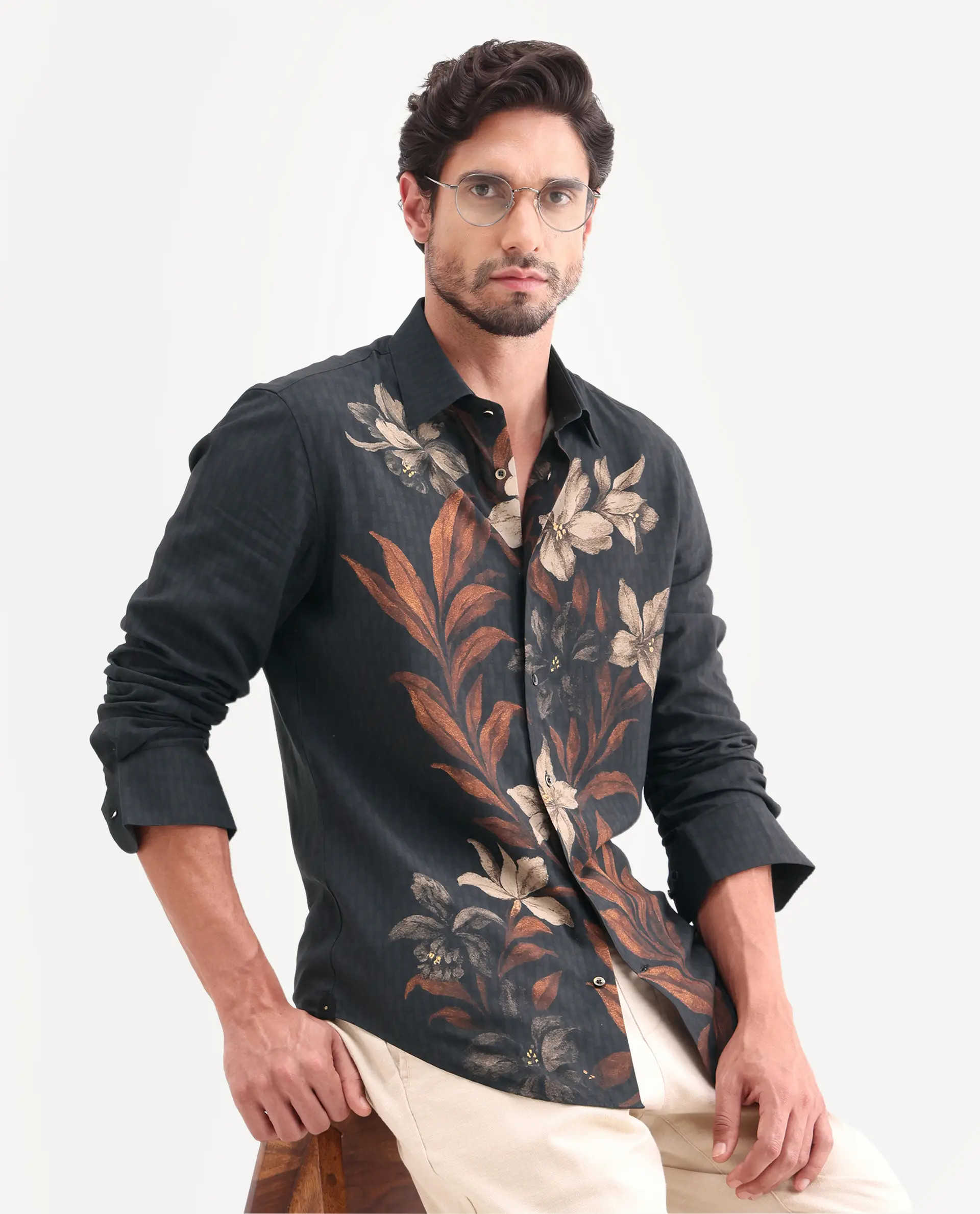 Rare Rabbit Men's Phex Black Viscose Fabric Full Sleeve Spread Collar Regular Fit Floral Print Shirt
