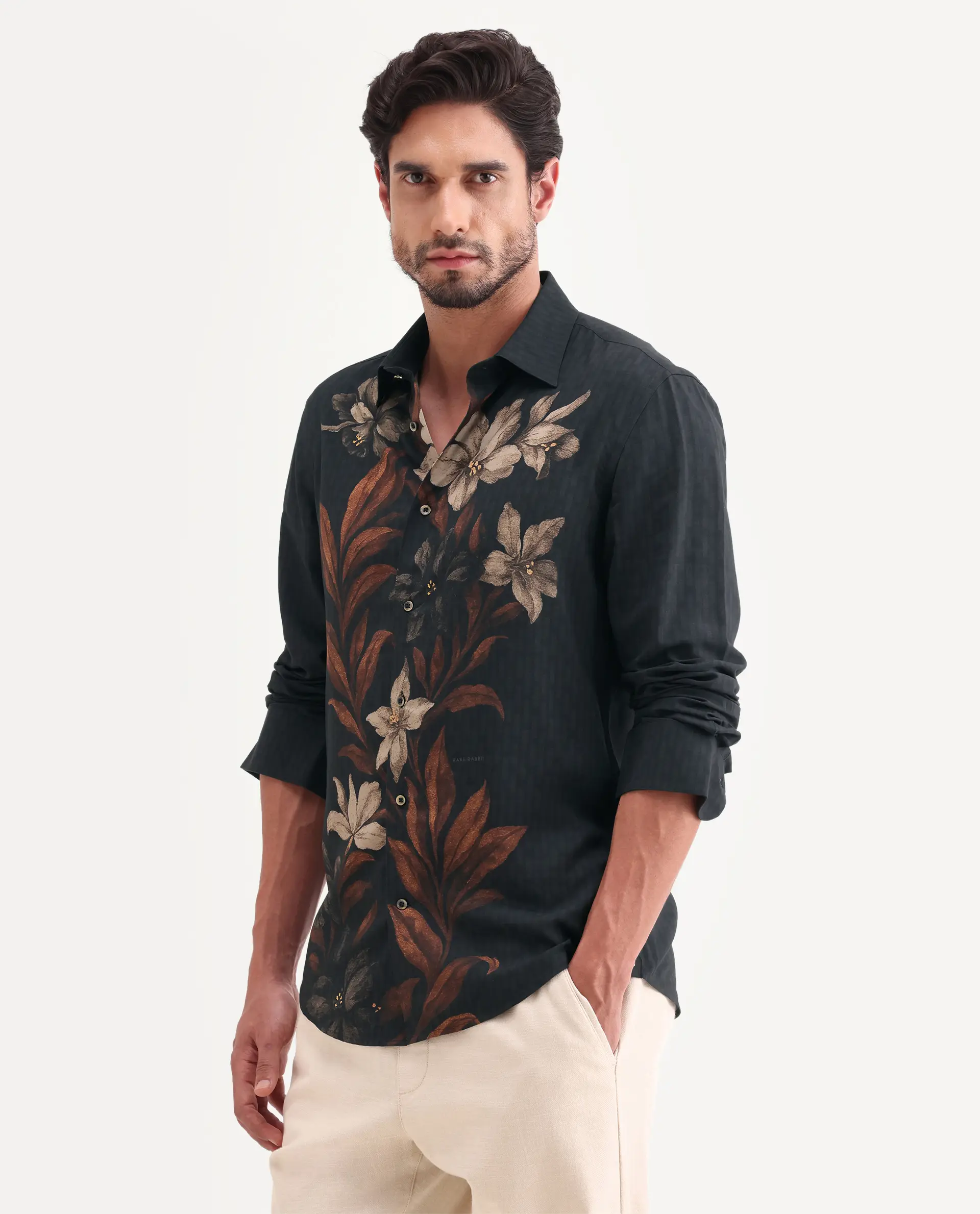 Rare Rabbit Men's Phex Black Viscose Fabric Full Sleeve Spread Collar Regular Fit Floral Print Shirt - Image 5