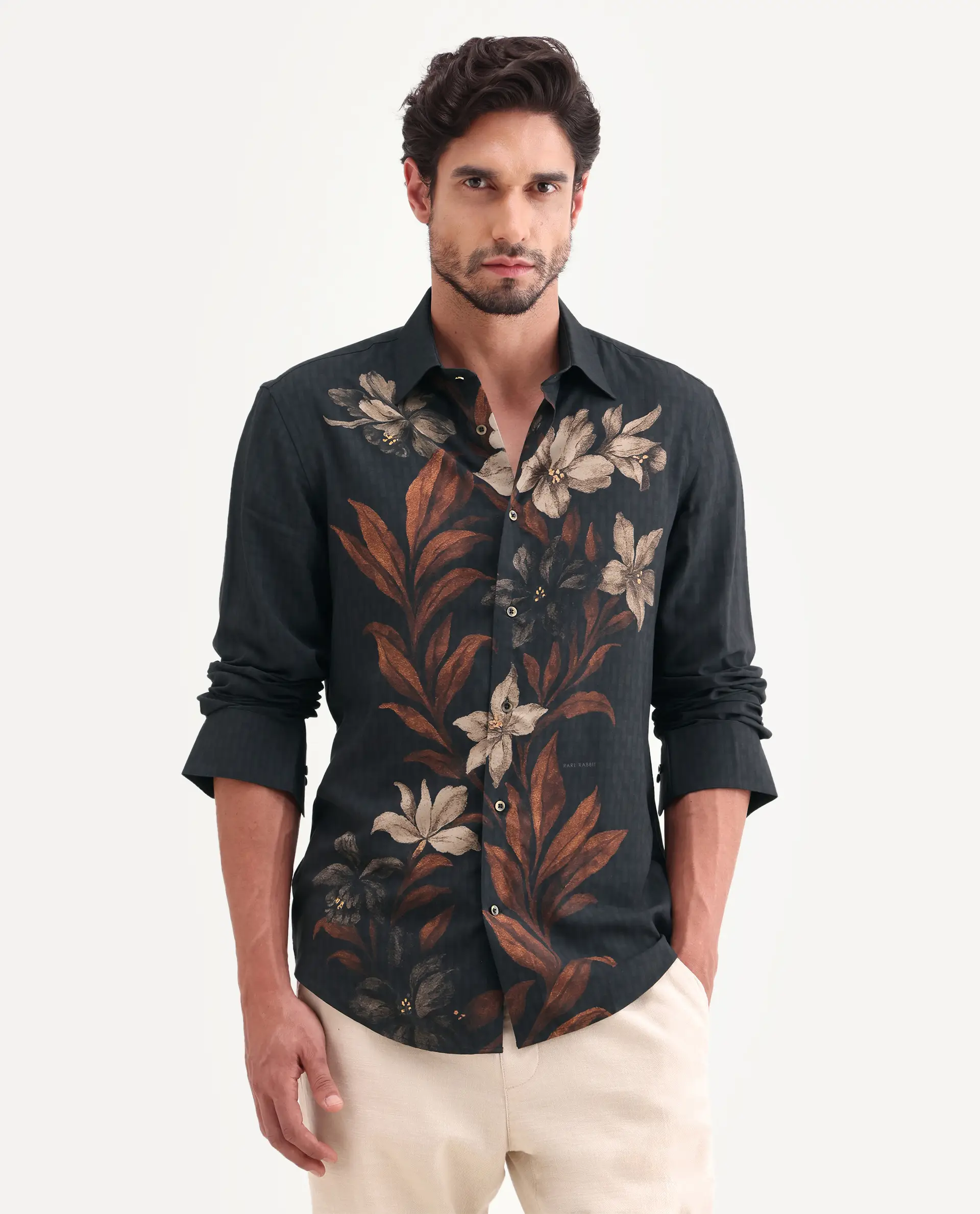 Rare Rabbit Men's Phex Black Viscose Fabric Full Sleeve Spread Collar Regular Fit Floral Print Shirt - Image 7