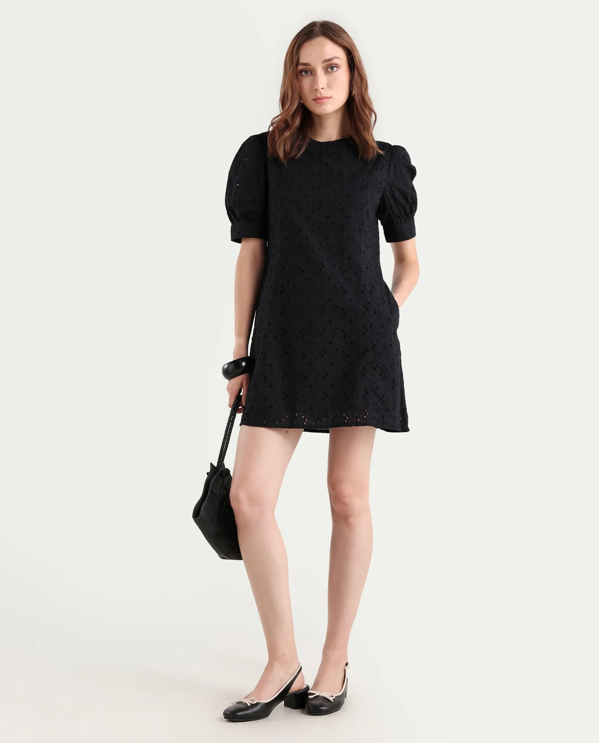 Rareism Women's Phillips Black Cotton Crew Neck Schiffli Puff Sleeves Mini A-Line Dress - Image 2