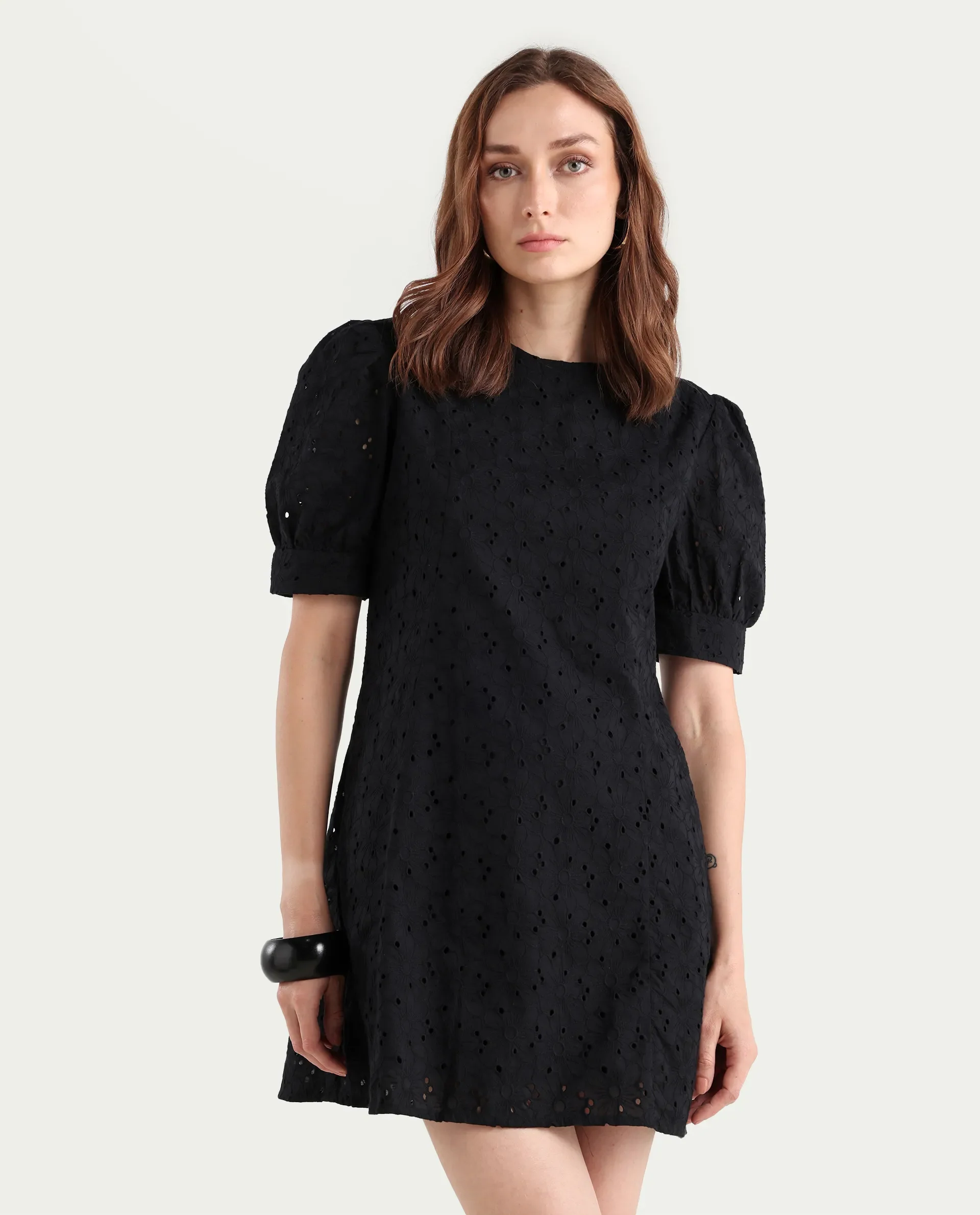 Rareism Women's Phillips Black Cotton Crew Neck Schiffli Puff Sleeves Mini A-Line Dress - Image 3