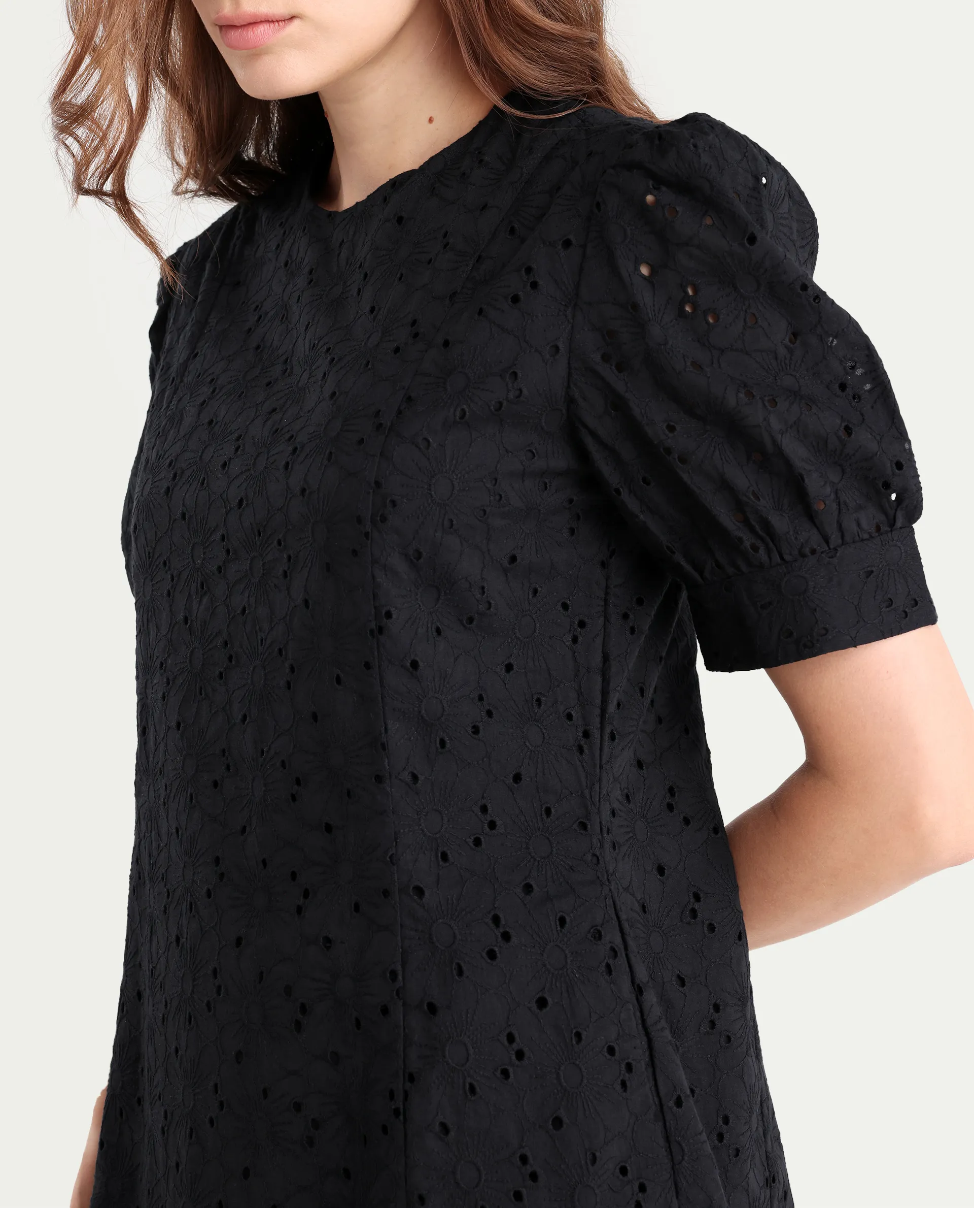Rareism Women's Phillips Black Cotton Crew Neck Schiffli Puff Sleeves Mini A-Line Dress - Image 4