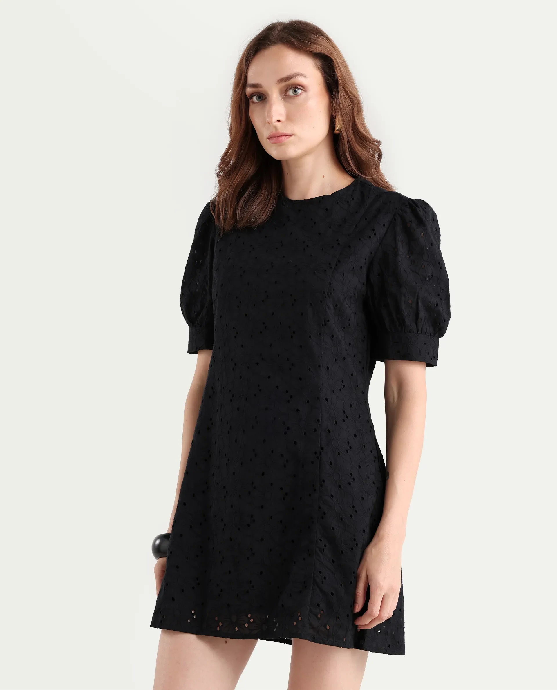 Rareism Women's Phillips Black Cotton Crew Neck Schiffli Puff Sleeves Mini A-Line Dress - Image 5