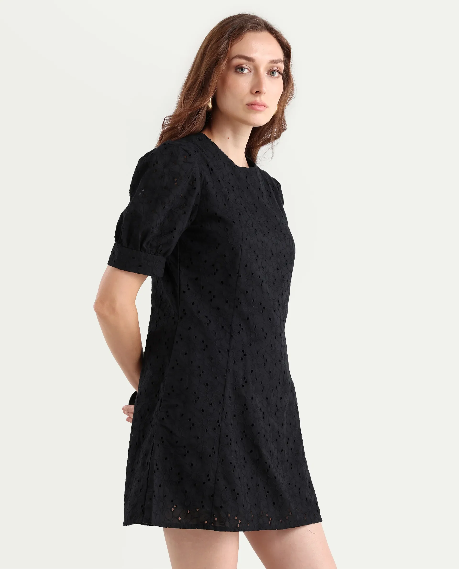 Rareism Women's Phillips Black Cotton Crew Neck Schiffli Puff Sleeves Mini A-Line Dress - Image 6
